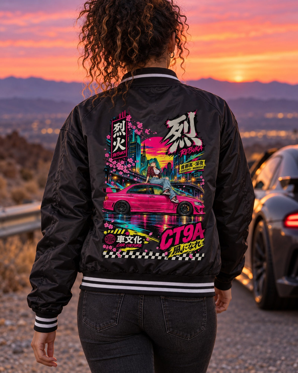 RETSUKA CT9A Anime Girl Full-Back Graphic Tee Bomber Jacket Black worn hero