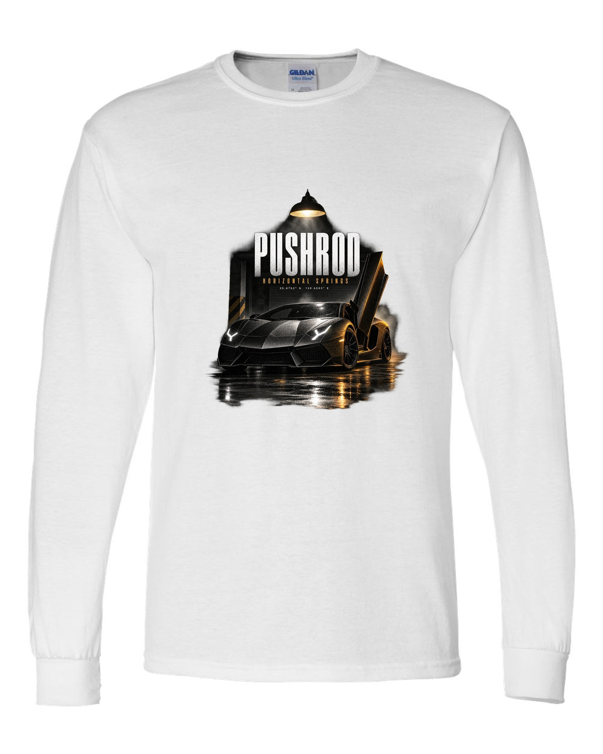 Garage night print of a Lamborghini Aventador S LP740-4 with Pushrod and Horizontal Springs text white long sleeve front view with the design