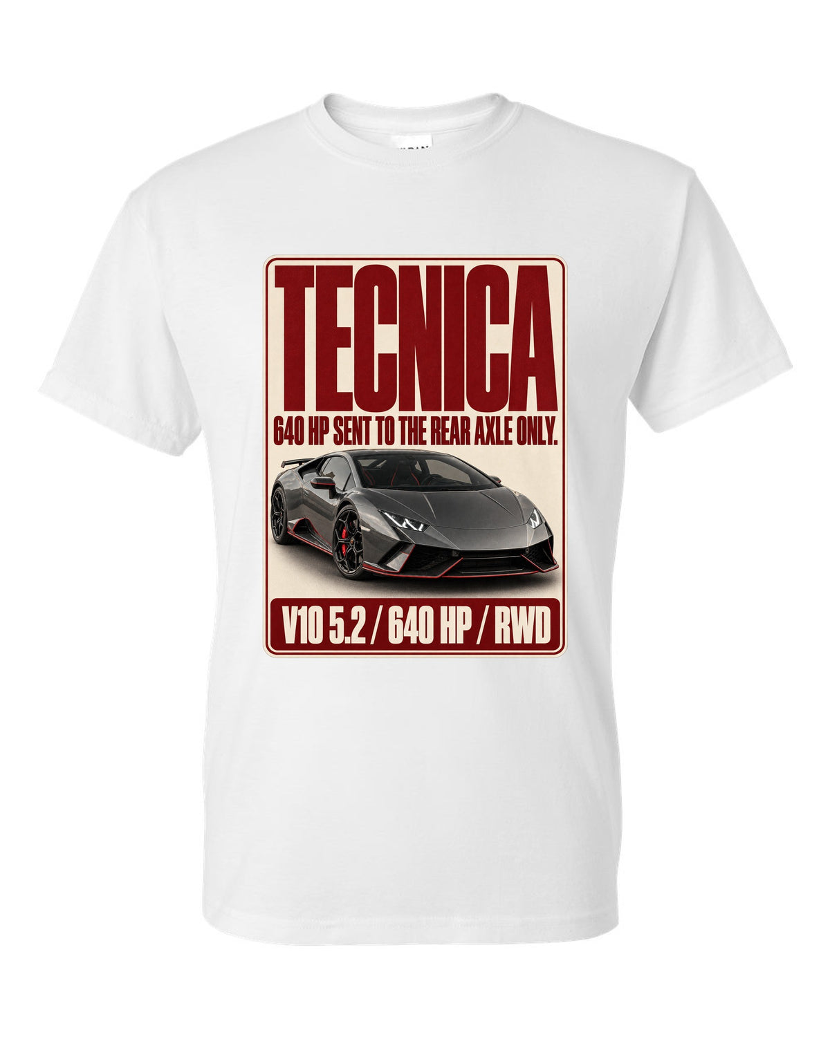 Editorial headline print of the Lamborghini Huracan Tecnica white t-shirt front view with the design