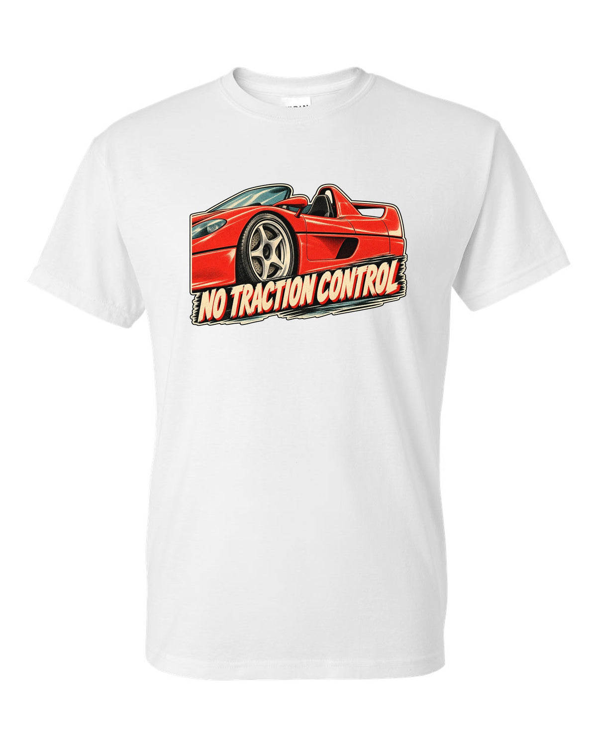 Retro Japanese showa advert style print of a 1995 Ferrari F50 F130 with no traction control text white t-shirt front view with the design