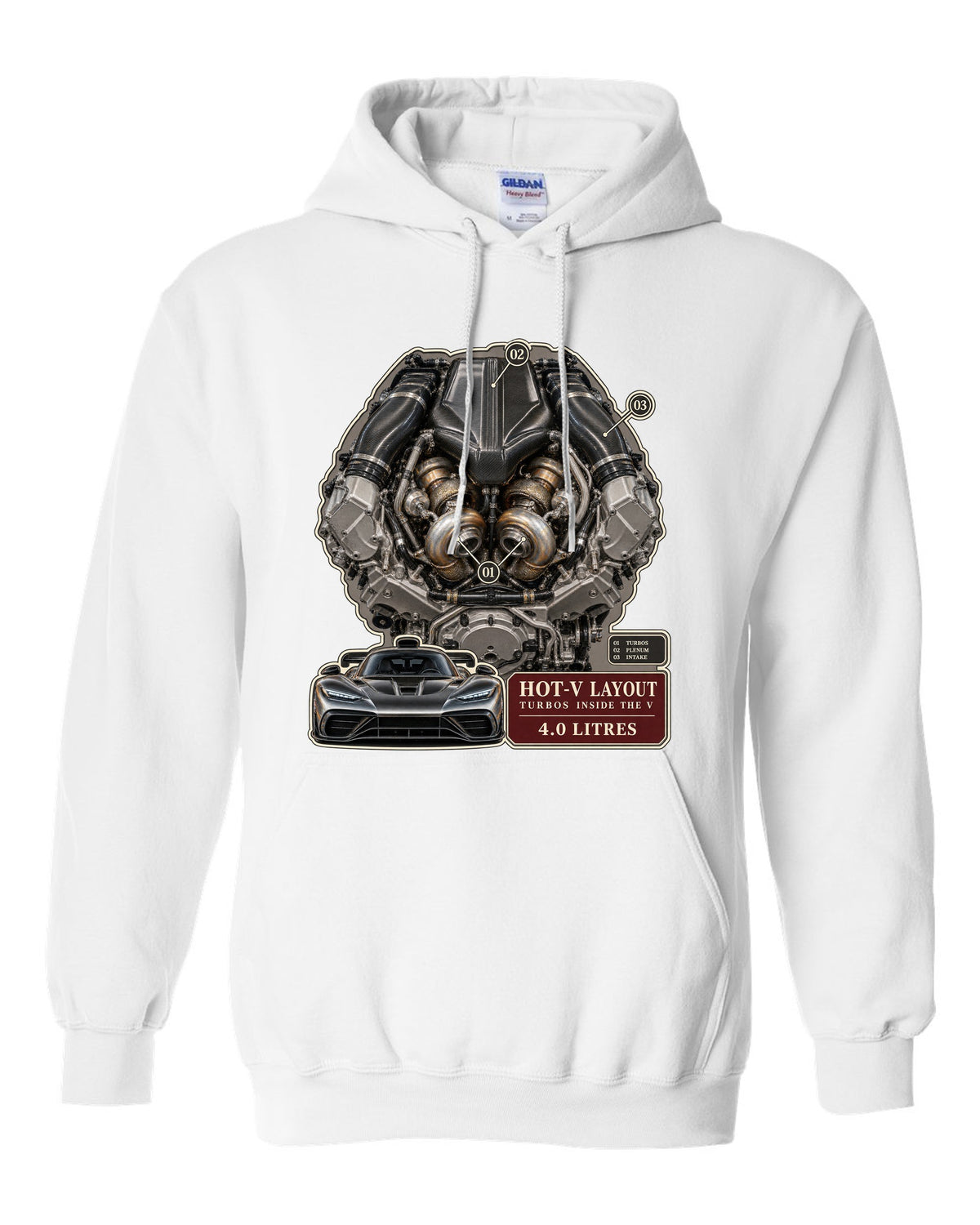 Mercedes-AMG GT 63 M178 4.0 litre biturbo V8 engine illustration white pull over hoodie front view with the design