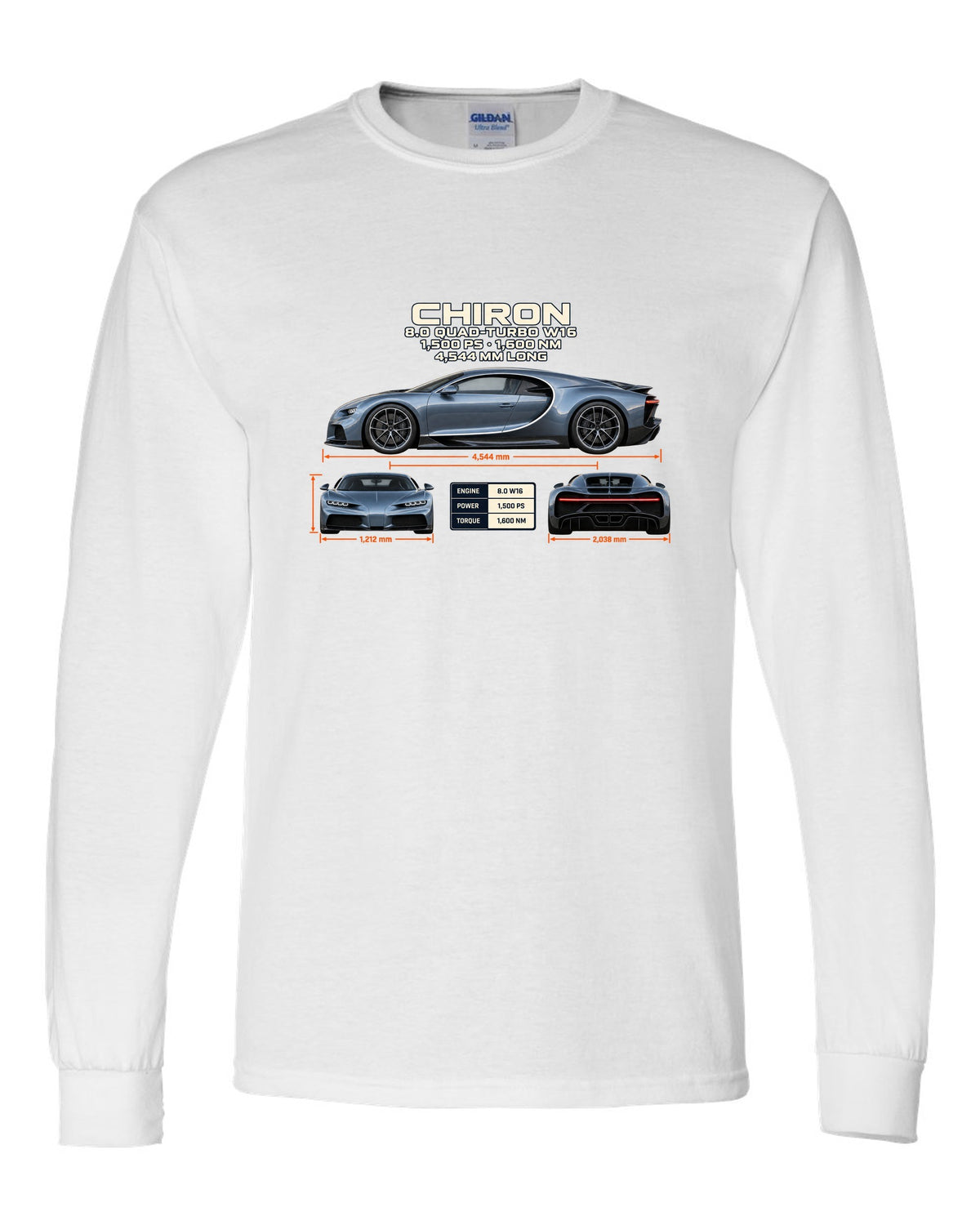 Three-view drawing and spec table of a Bugatti Chiron on the front of a tee white long sleeve front view with the design