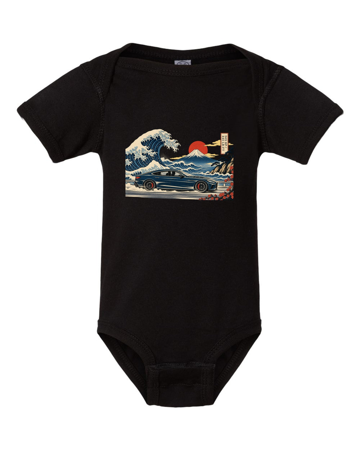 Ukiyo-e woodblock wave illustration of an Alfa Romeo Giulia Quadrifoglio with 505 HP and 443 lb-ft black baby onesie front view with the design