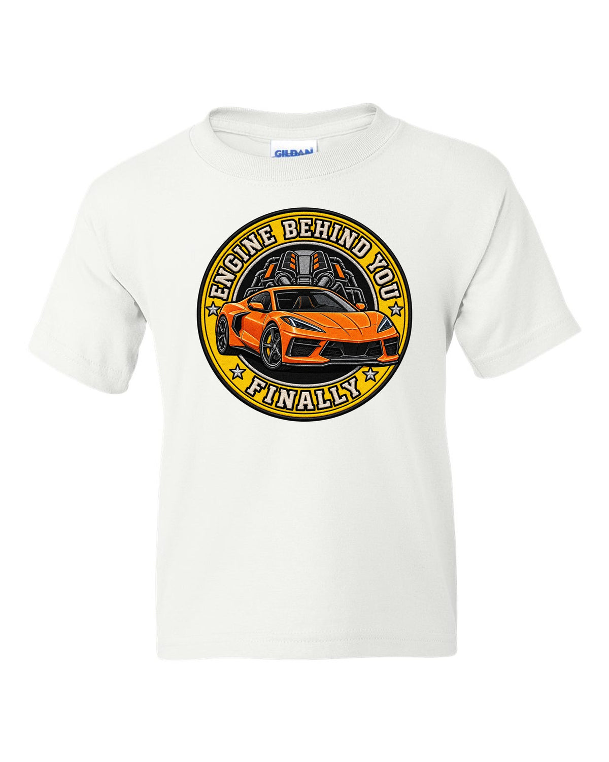 Varsity shield crest print of a 2020 Chevrolet Corvette C8 Stingray with engine behind you finally lettering white kids tee front view with the design