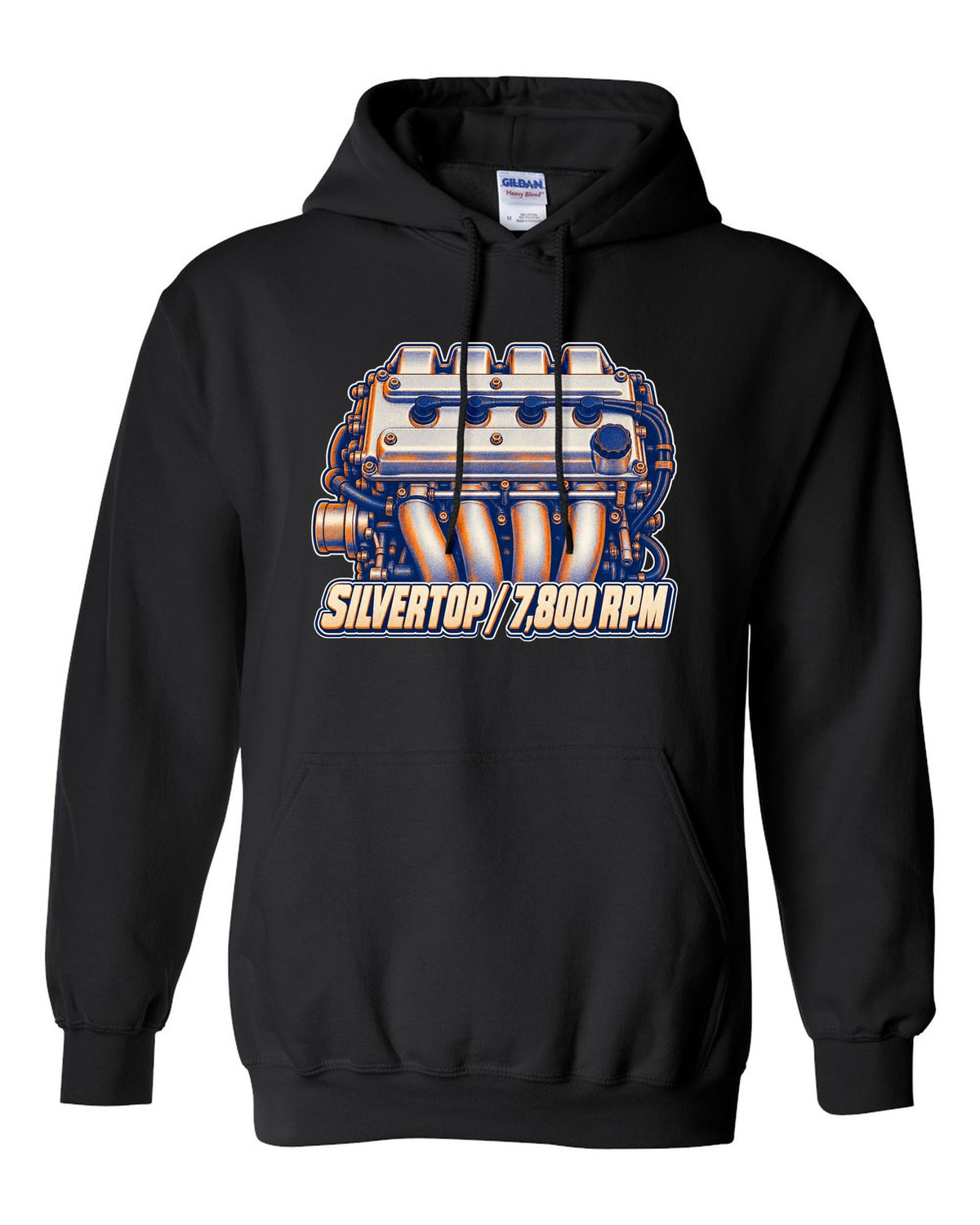 Two-colour risograph macro of the silvertop engine in the Toyota Corolla AE101 black pull over hoodie front view with the design