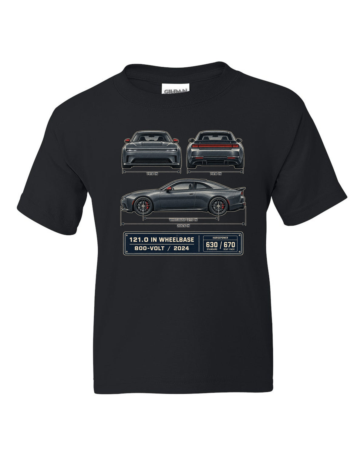 Dodge Charger Daytona Scat Pack 2024 dimension blueprint print black kids tee front view with the design