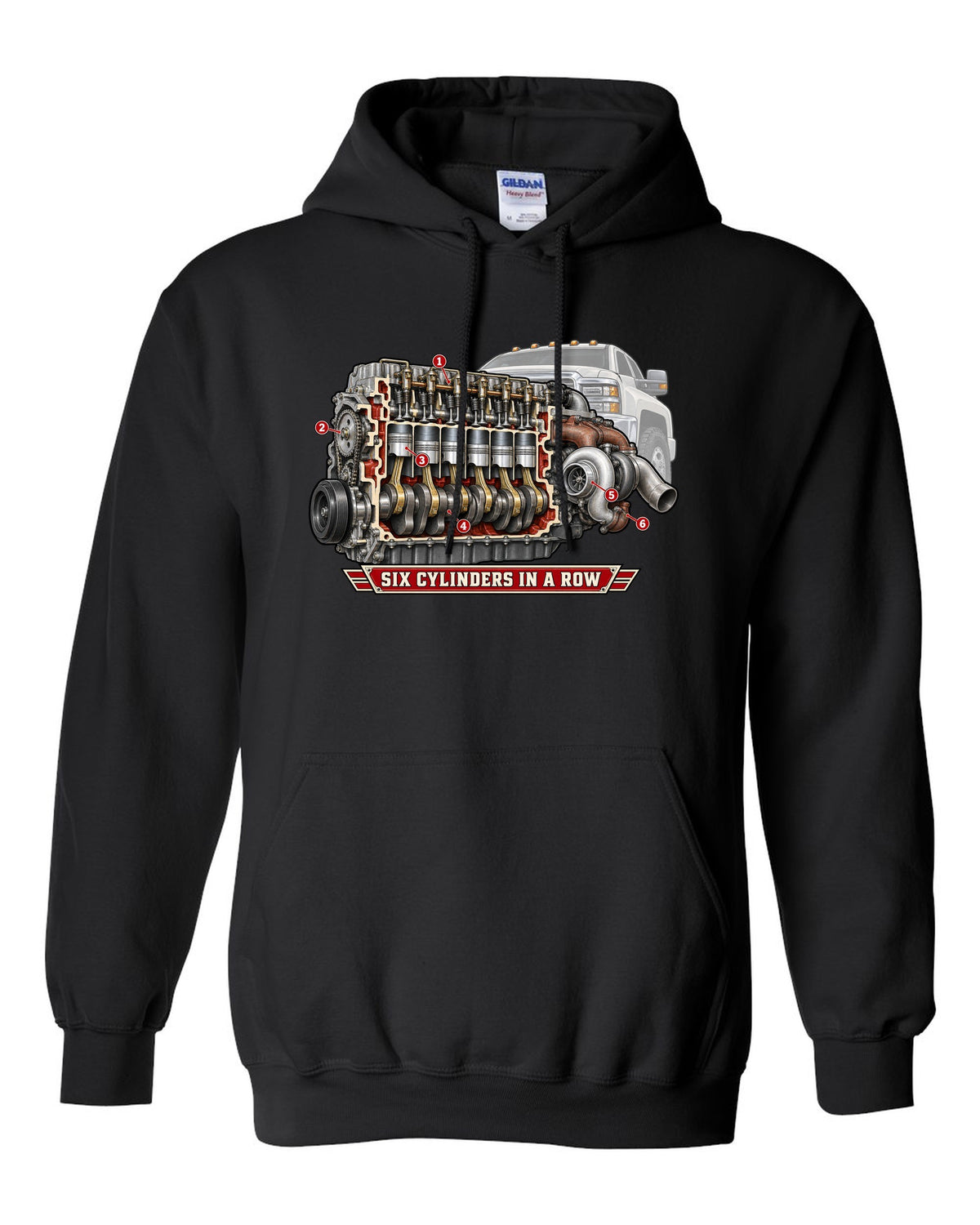 Cutaway diagram print of an inline-six diesel engine from a Dodge Ram 2nd gen with six cylinders in a row text black pull over hoodie front view with the design