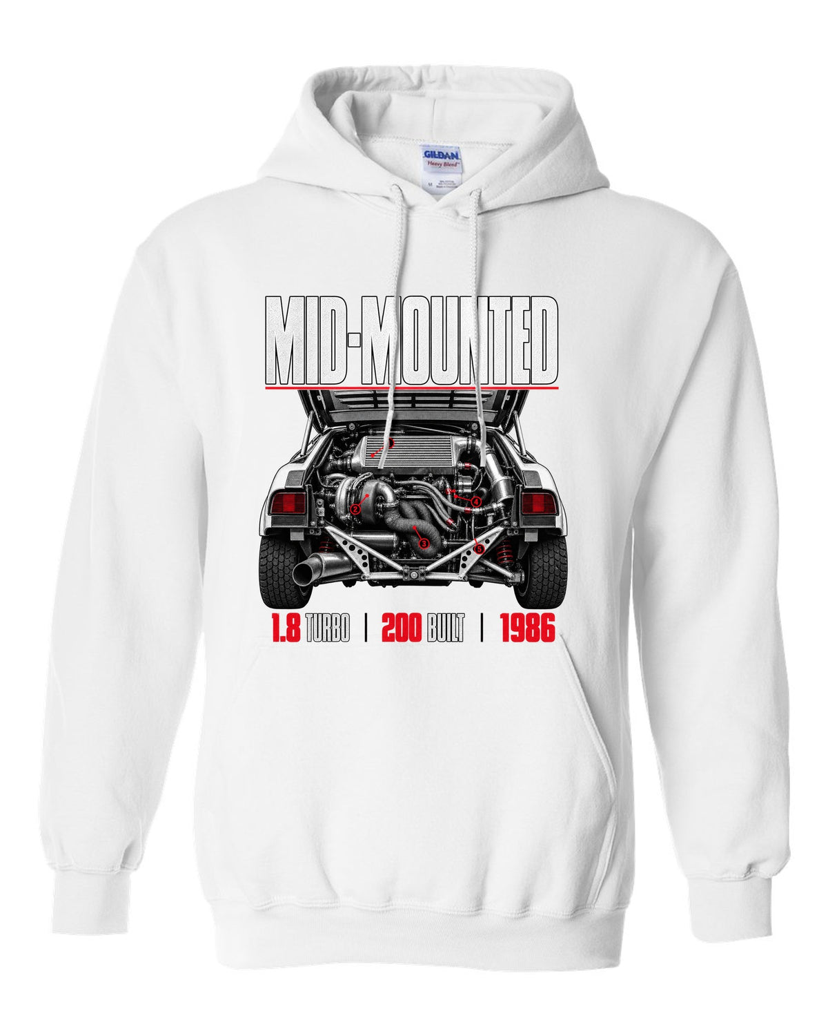 Ford RS200 Group B engine close-up print with mid-mounted turbo text white pull over hoodie front view with the design