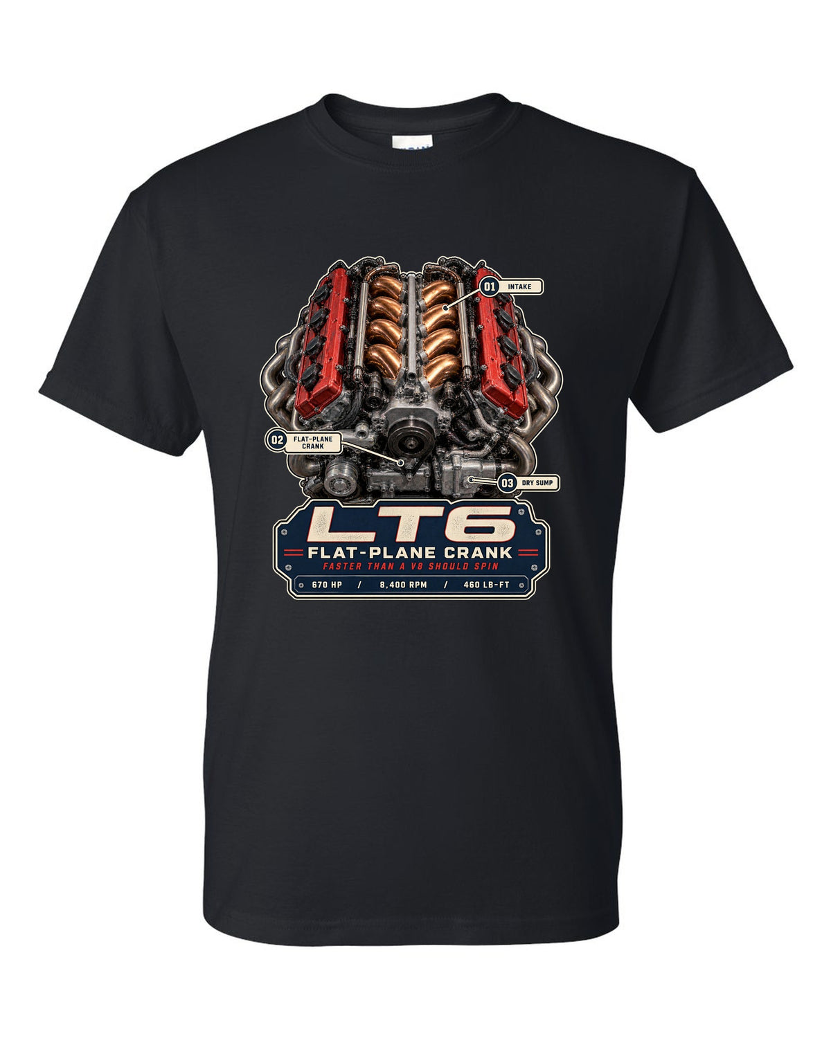 Engine hero print of the LT6 flat-plane V8 in a Chevrolet Corvette C8 Z06 black t-shirt front view with the design
