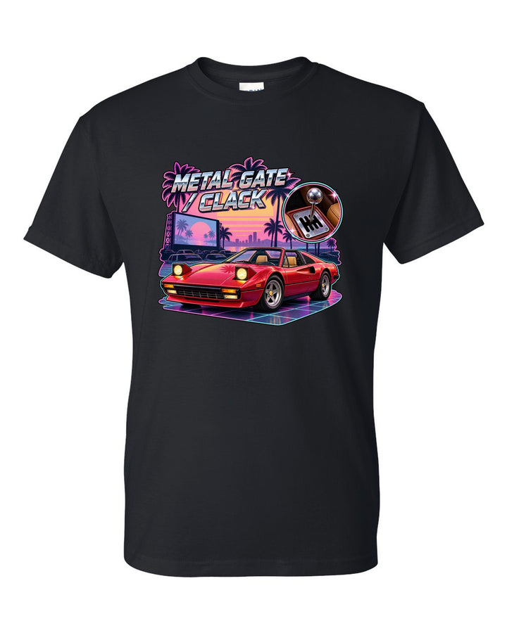 Vaporwave pastel print of a Ferrari 308 GTS and its metal gated shifter with the text metal gate, clack black t-shirt front view with the design