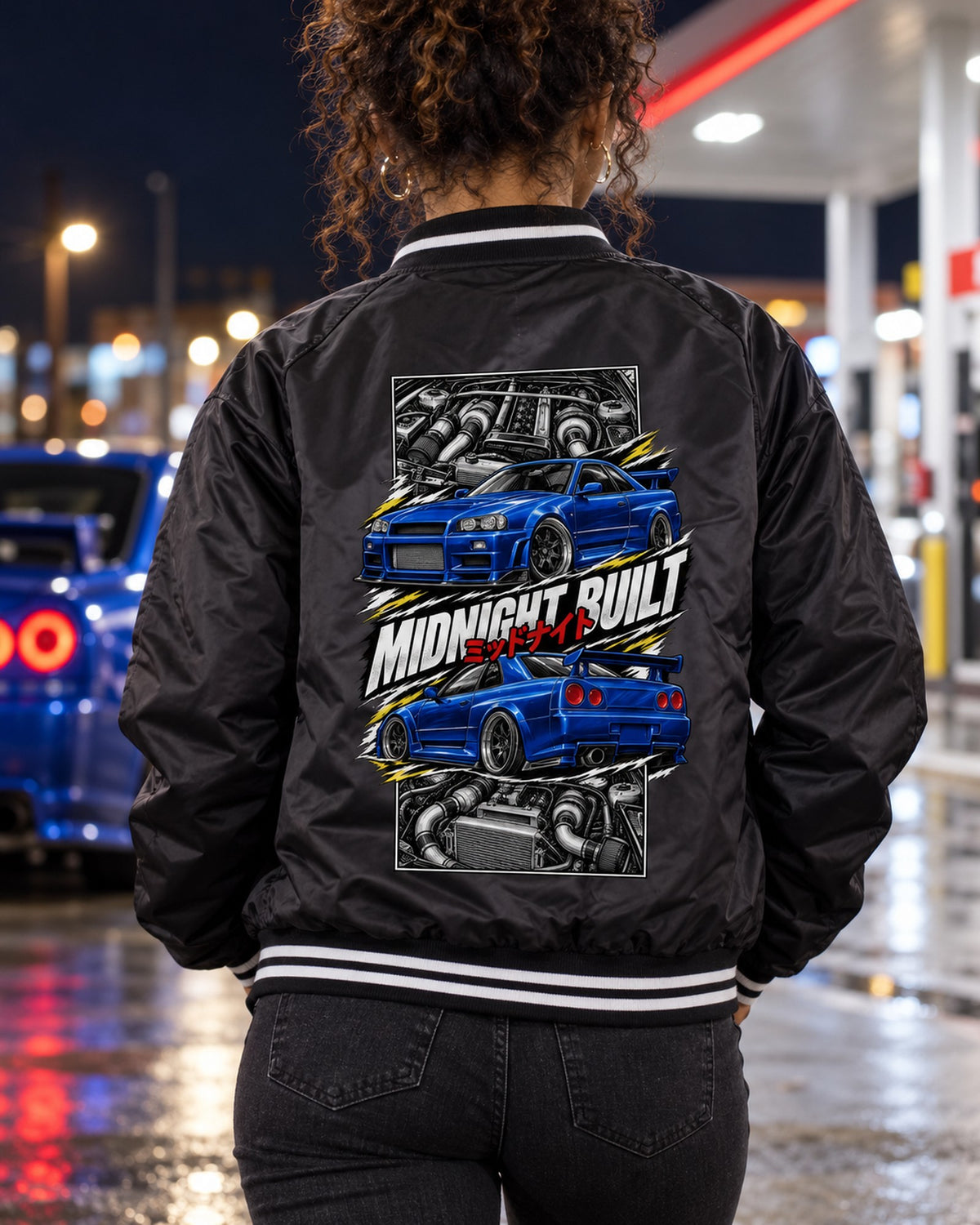 Nissan Skyline GT-R R34 Torn Poster Full-Back Graphic Tee Bomber Jacket Black worn hero