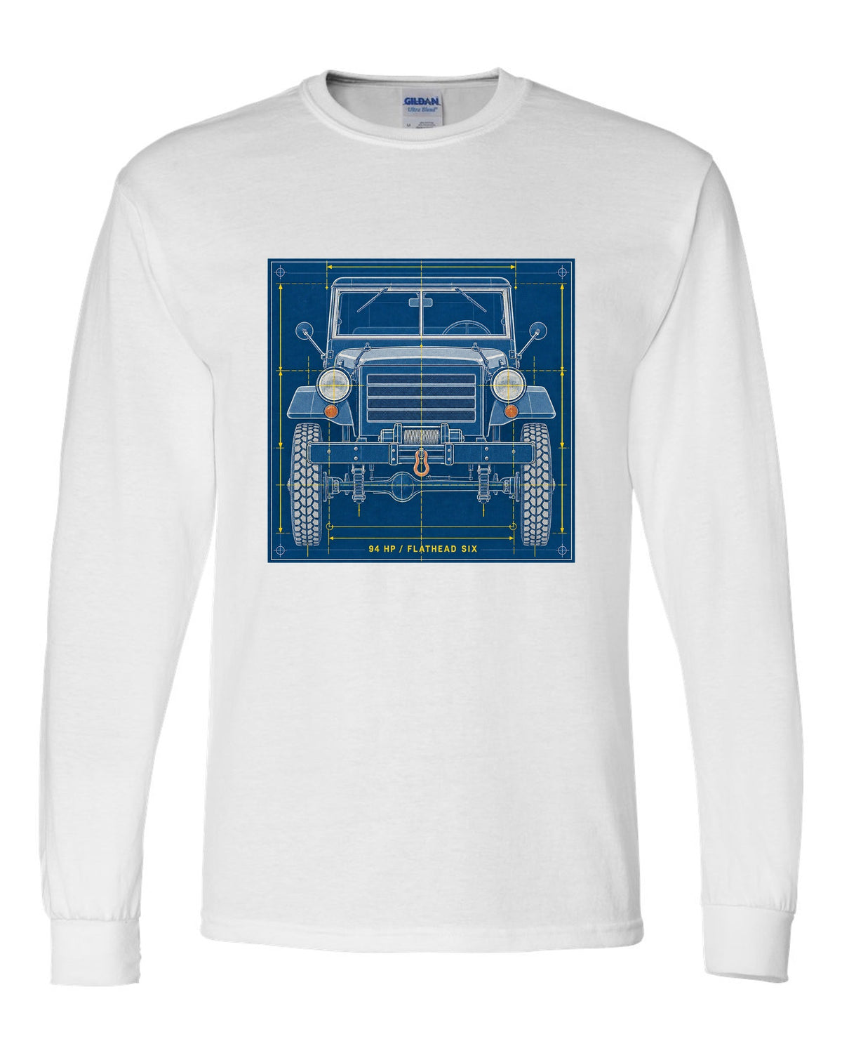 Cyanotype negative-style print of a Dodge Power Wagon WM300 grille with 94 HP flathead six text white long sleeve front view with the design