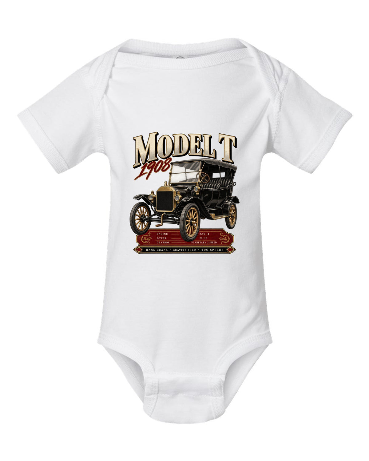 Archive panel print of a Ford Model T touring car with engine specs white baby onesie front view with the design