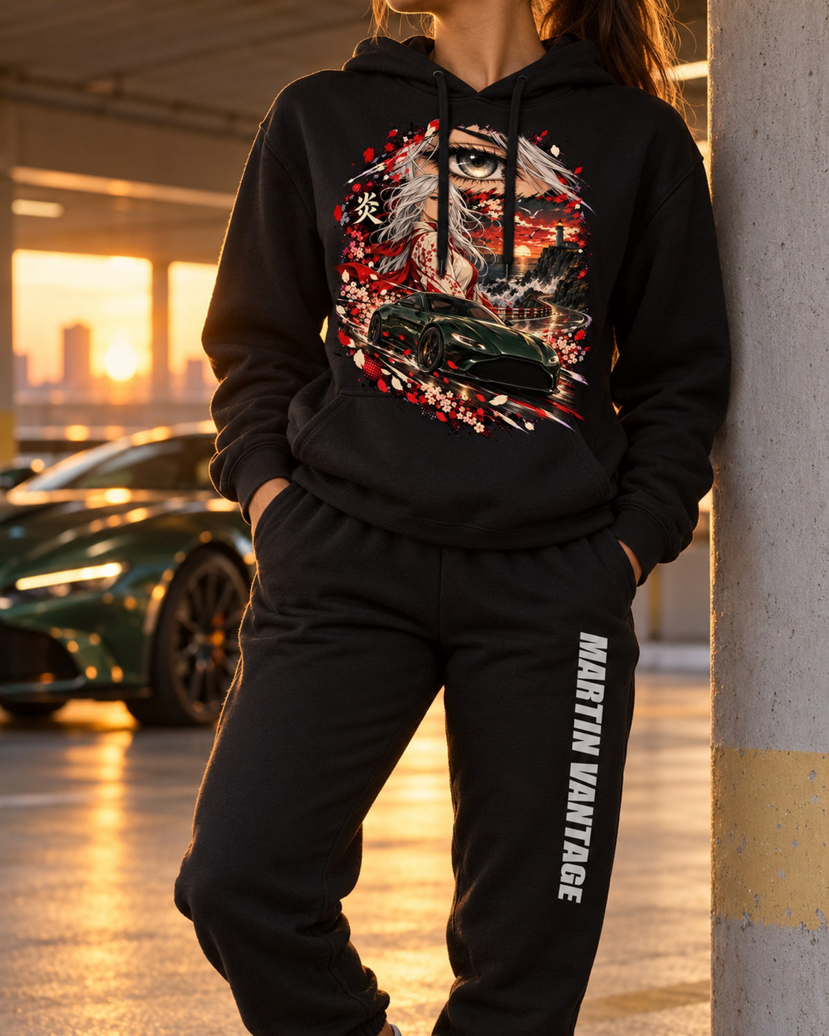 Aston Martin Vantage Anime Girl Hoodie + Jogger Set Black worn hero