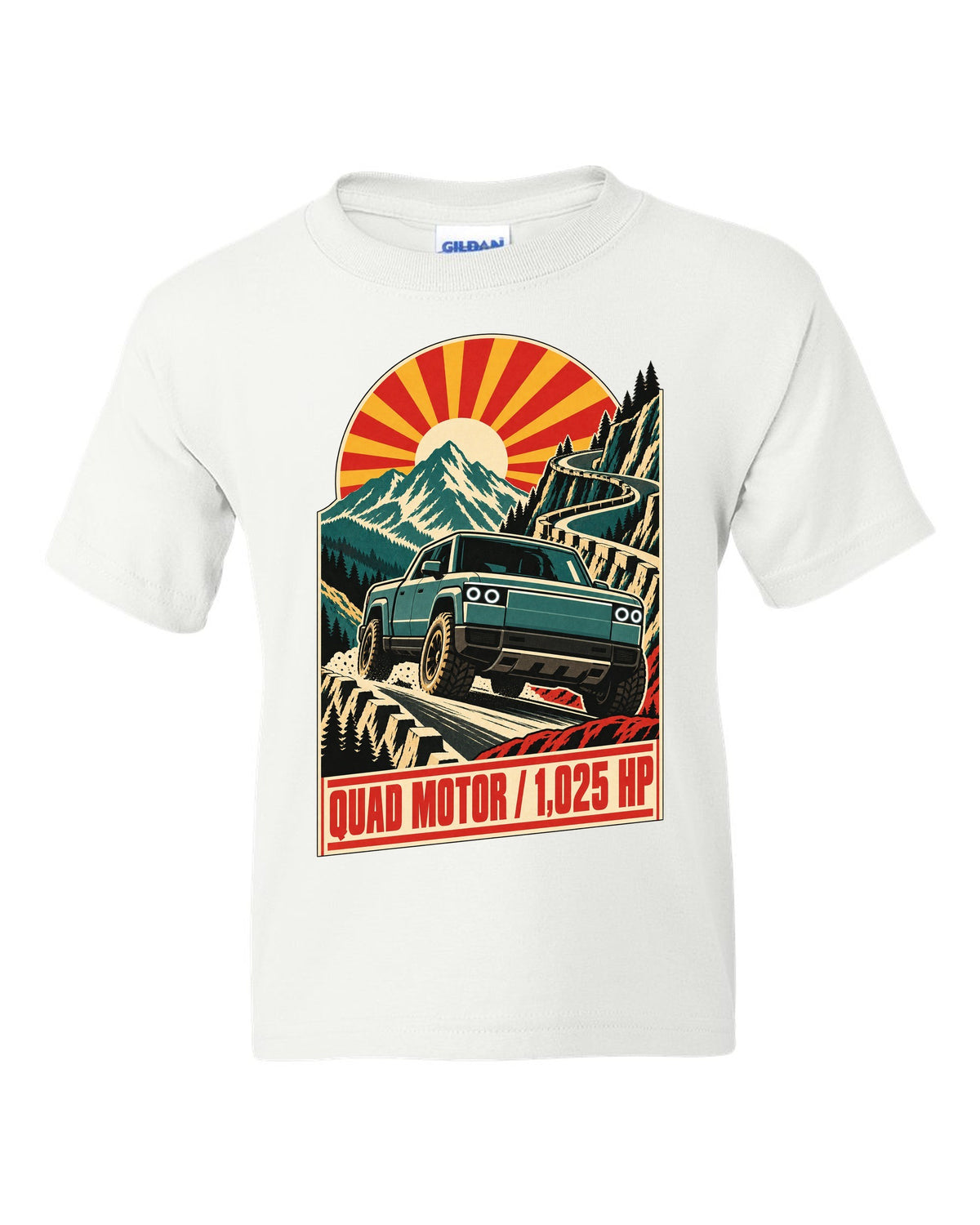 1960s lithographed vintage race poster print of a Rivian R1T reading Quad Motor 1,025 HP white kids tee front view with the design