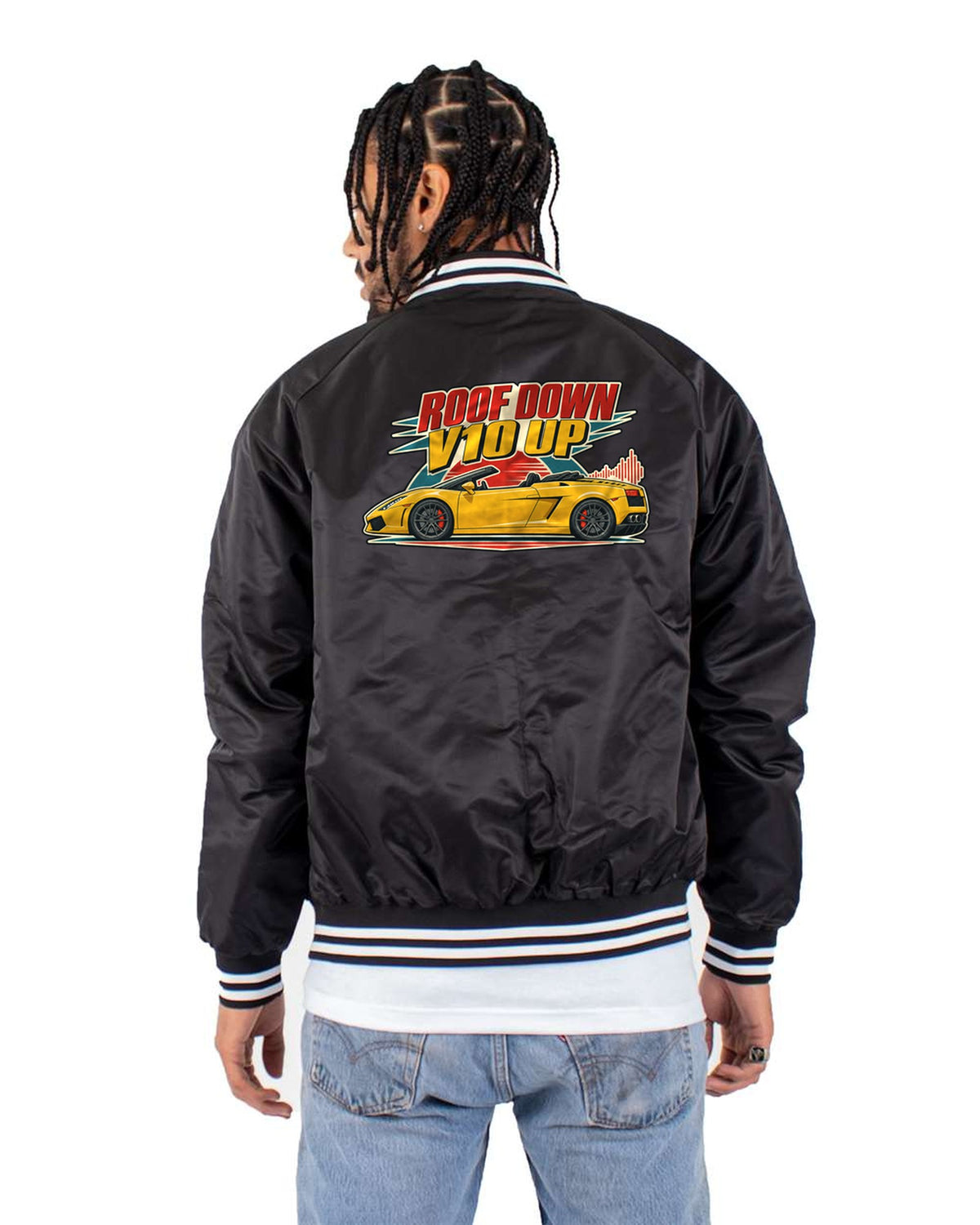 Gallardo Spyder LP560-4 1960s Poster Shirt, Roof Down V10 Up Bomber Jacket Black back