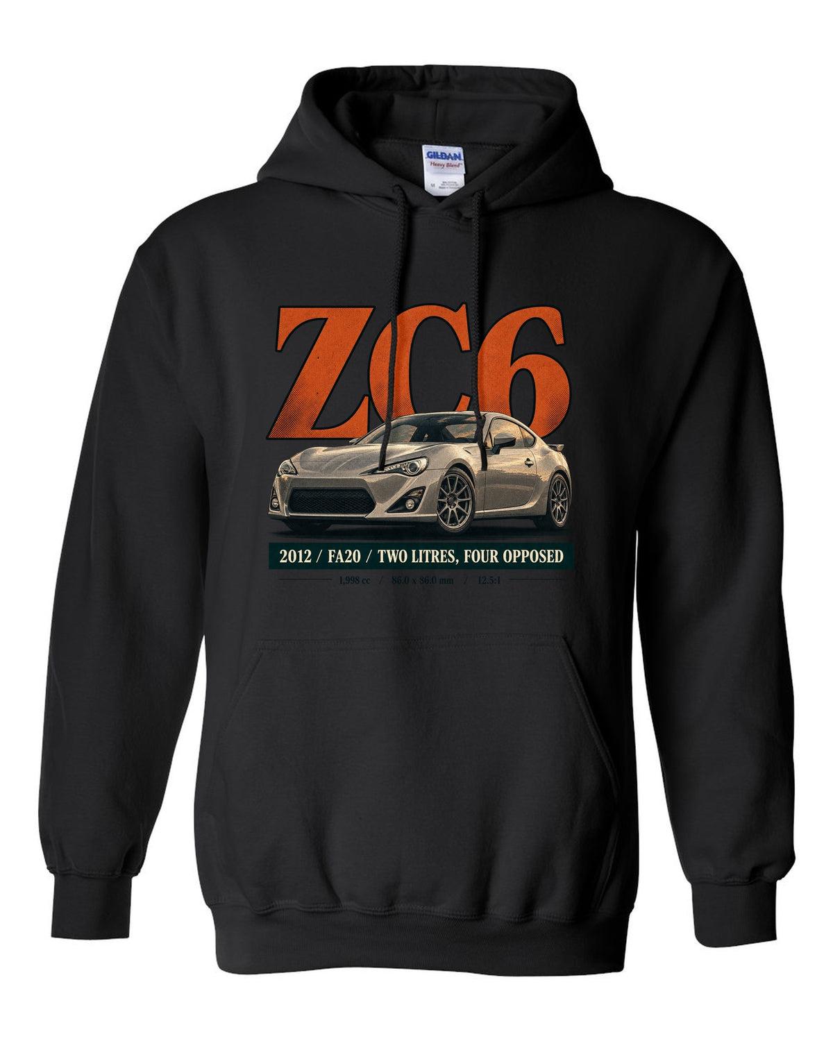 Magazine-style headline layout of a first-generation Subaru BRZ ZC6 print black pull over hoodie front view with the design
