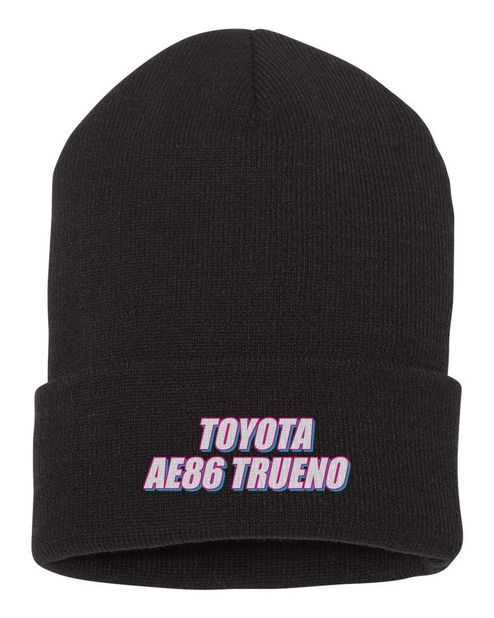 Toyota Ae86 Trueno black beanie front view with car name