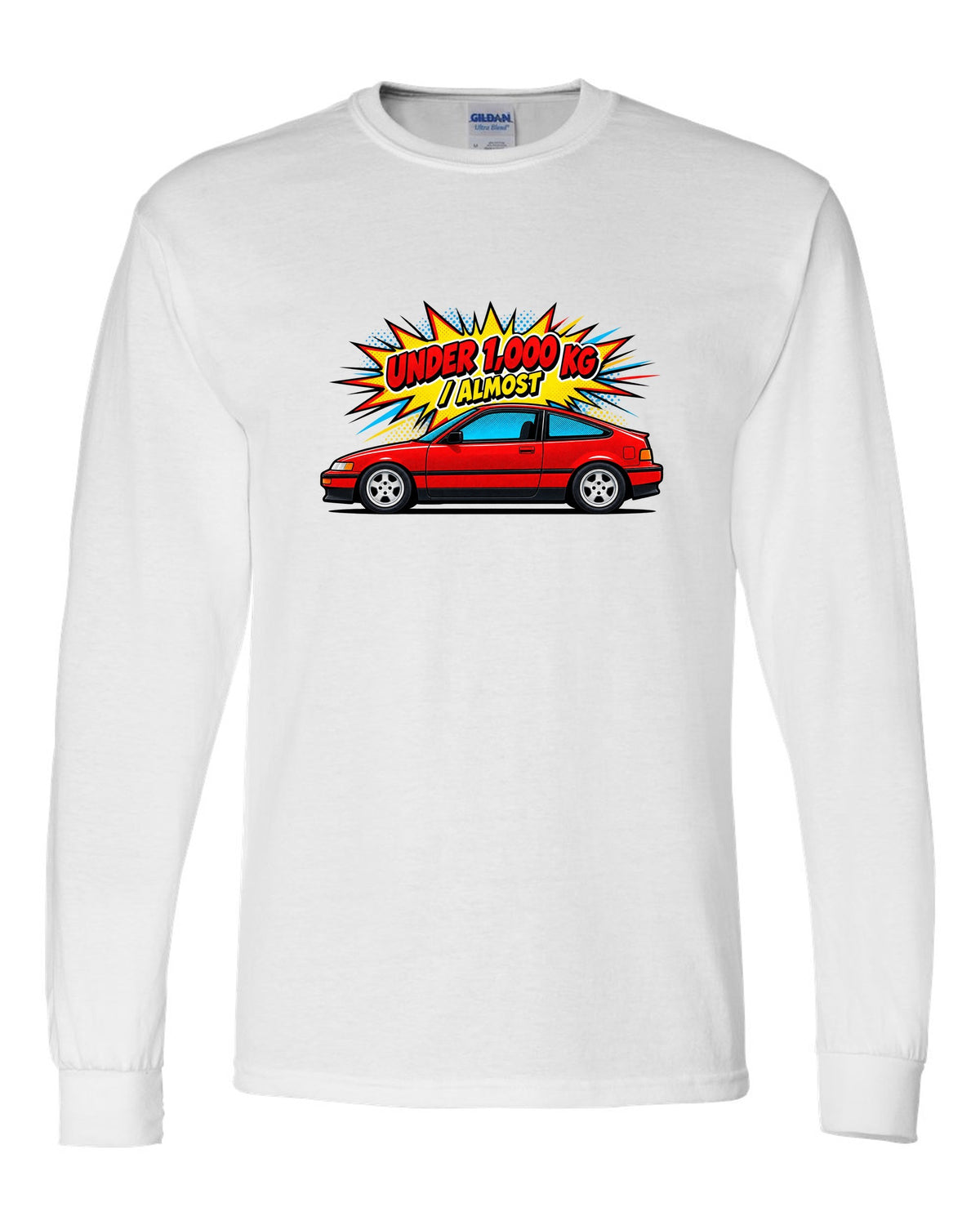 Pop-art Ben-Day halftone print of a Honda CRX EF8 Si with under 1,000 kg almost text white long sleeve front view with the design