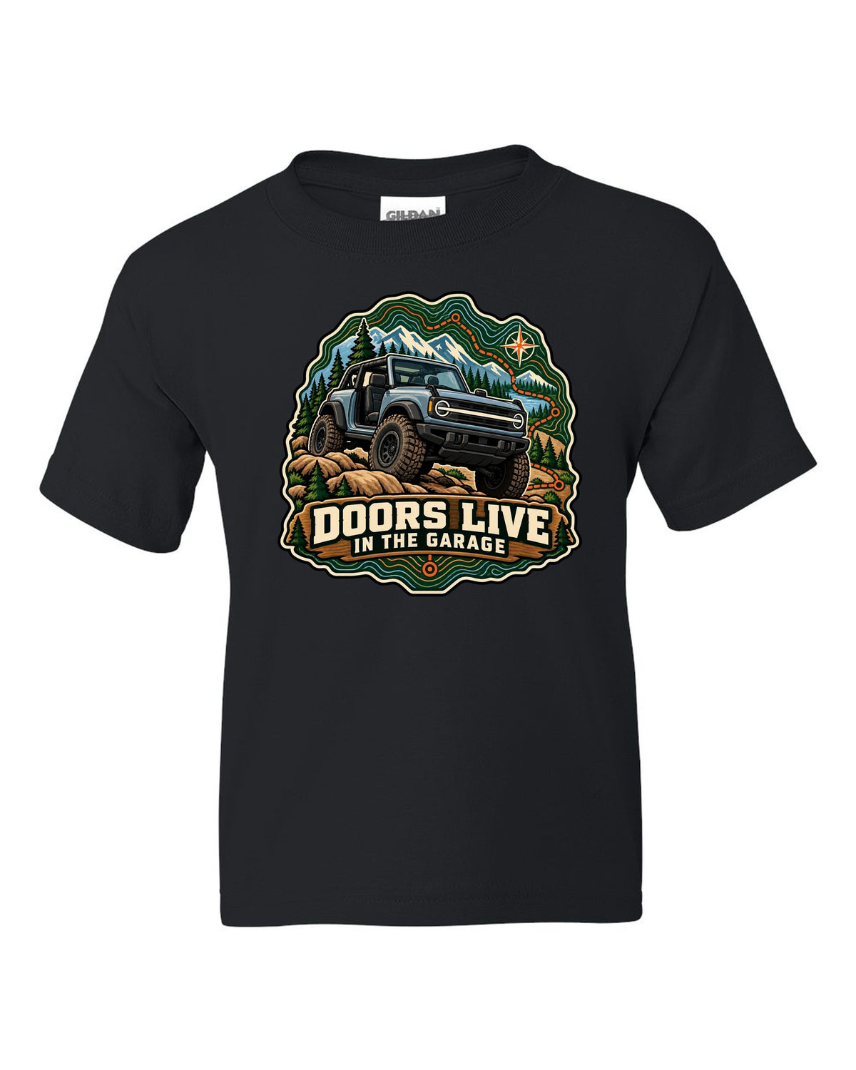 Ford Bronco U725 two-door on a topographic trail route map print black kids tee front view with the design