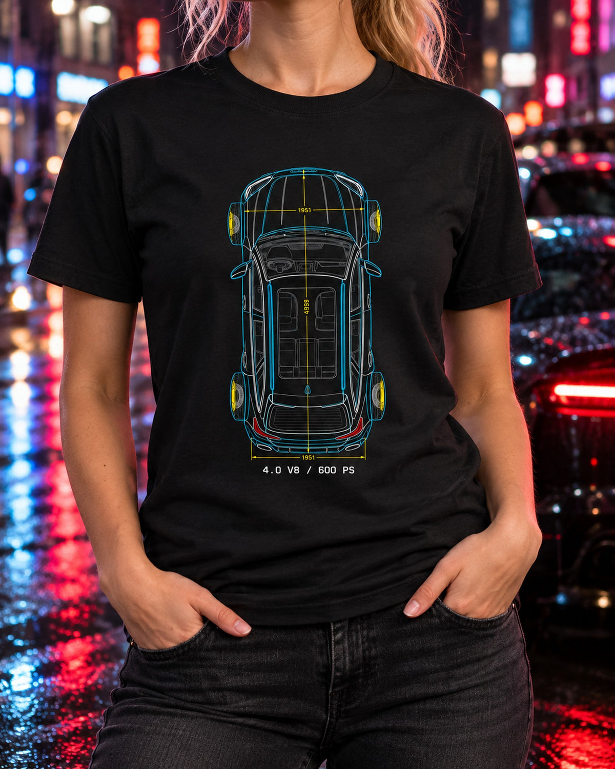 Audi RS6 Avant C8 Top-Down Blueprint Tee, 4.0 V8 600 PS T-Shirt Black worn hero