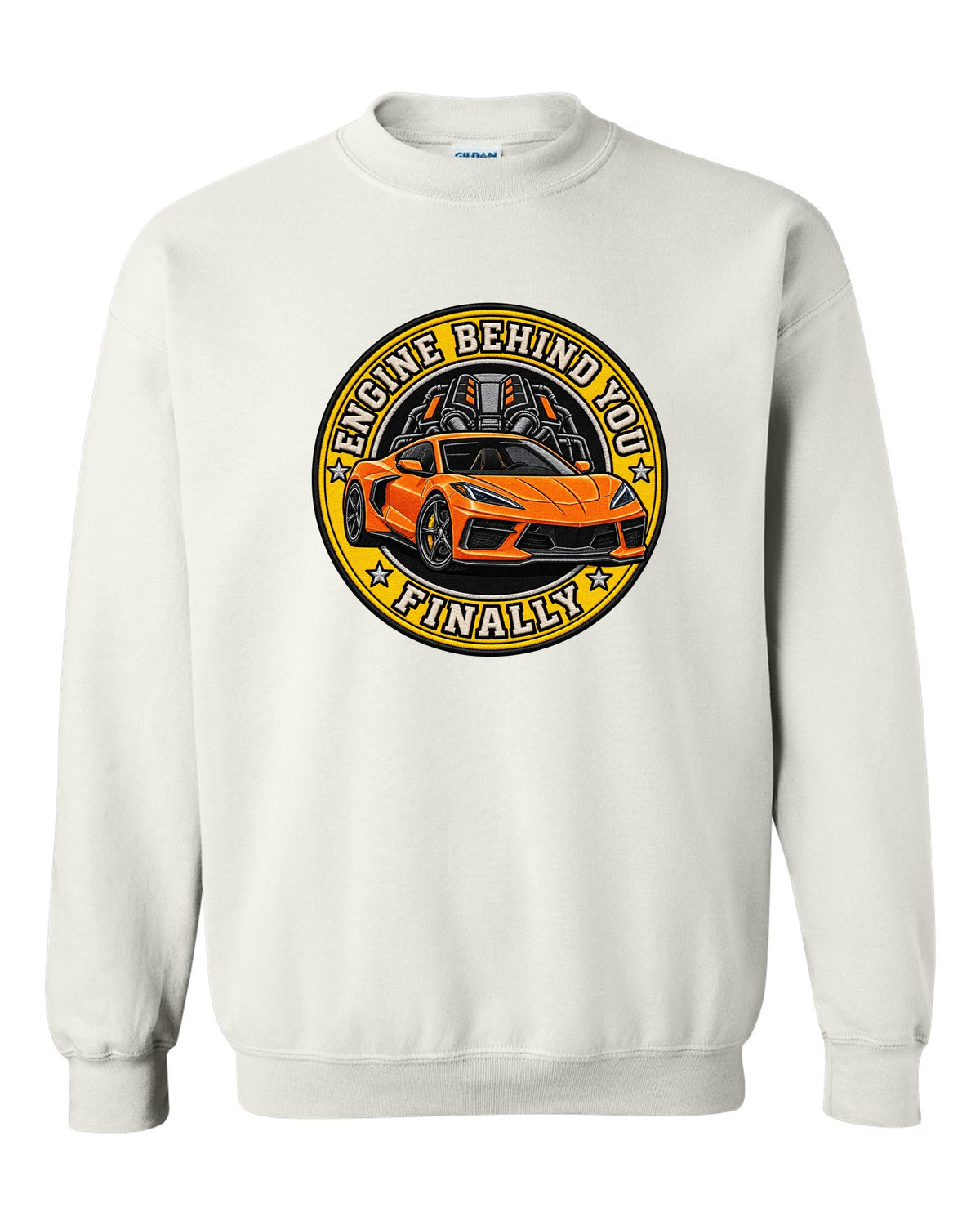 Varsity shield crest print of a 2020 Chevrolet Corvette C8 Stingray with engine behind you finally lettering white crewneck front view with the design