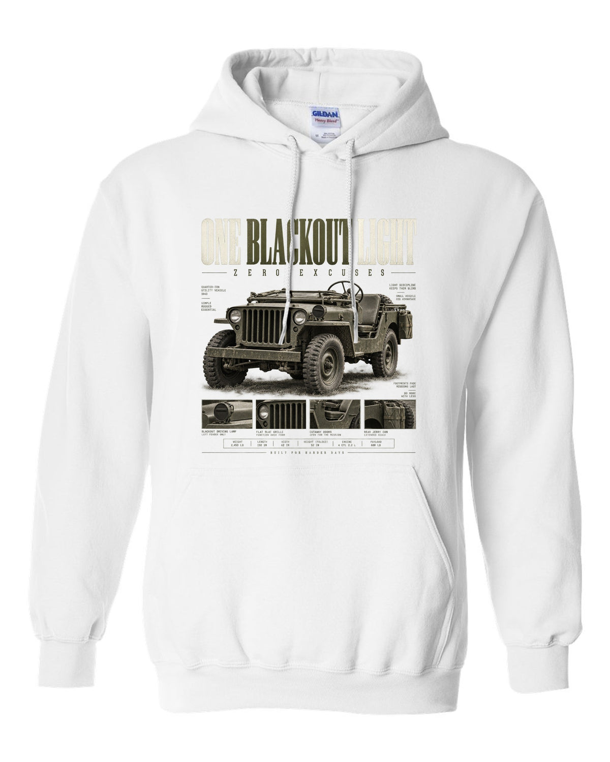 Editorial headline print for the Willys MB blackout light, 1941-1945 white pull over hoodie front view with the design