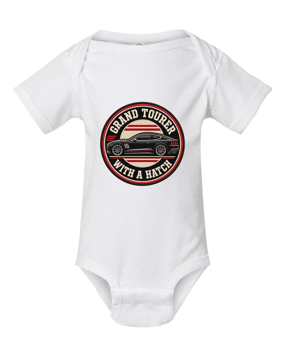 Embroidery varsity crest print for a Kia Stinger GT CK with grand tourer with a ch text white baby onesie front view with the design