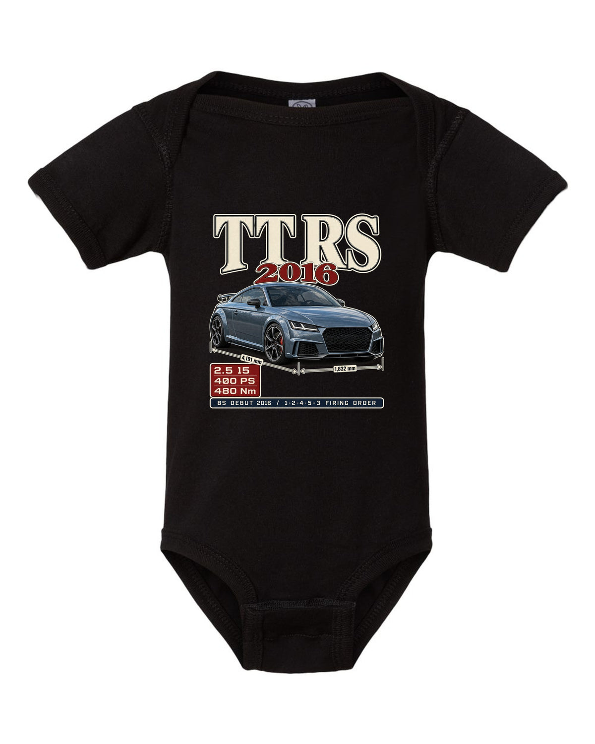 Audi TT RS 8S 2016 archive panel print with firing order black baby onesie front view with the design