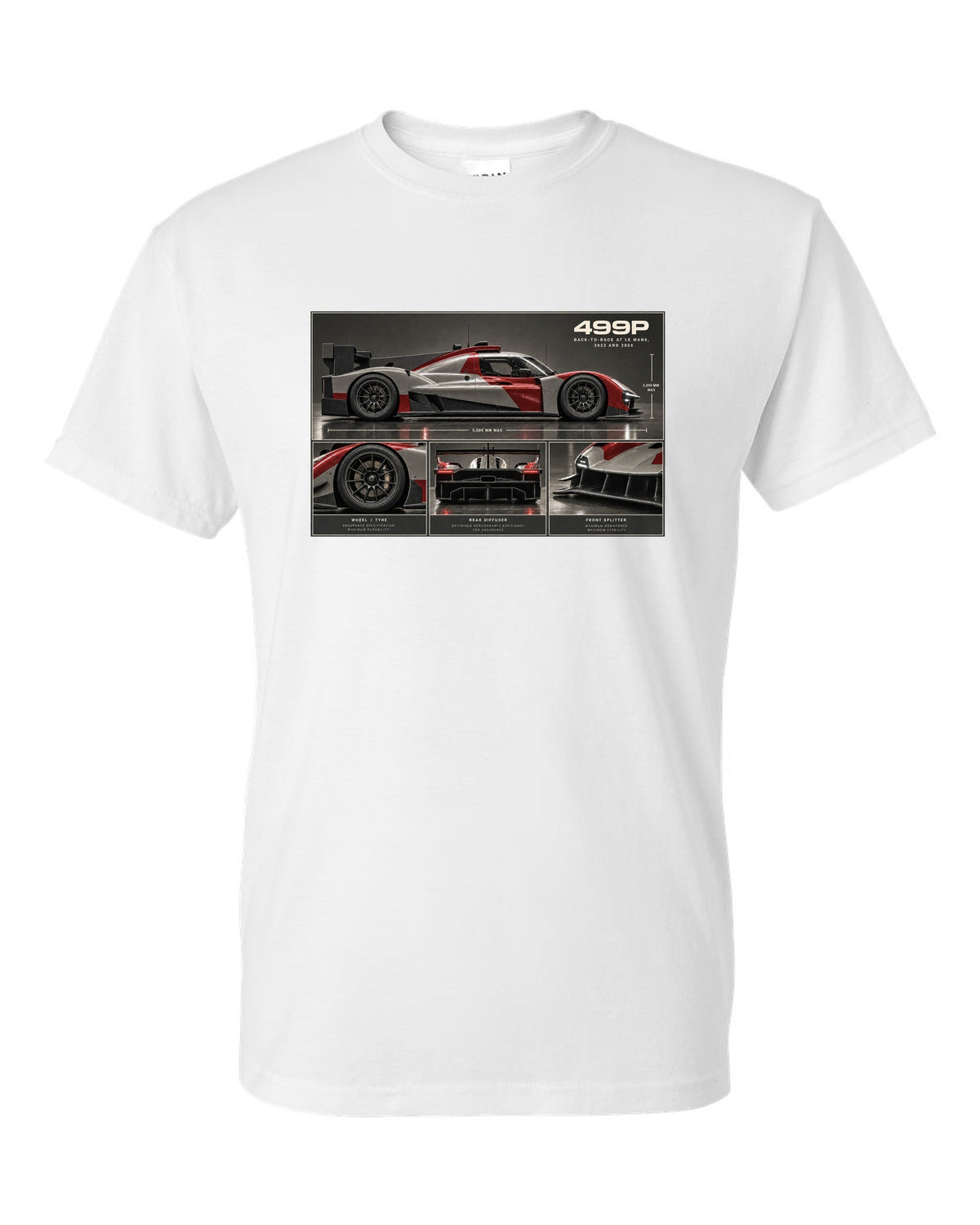 Ferrari 499P dossier panel print noting back-to-back at Le Mans 2023 and 2024 white t-shirt front view with the design