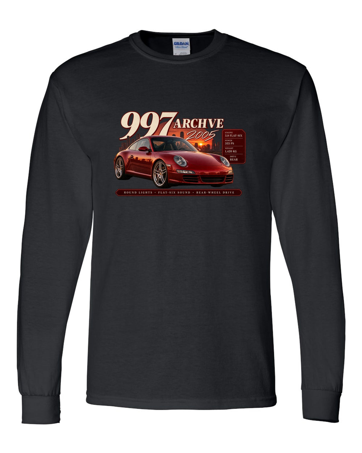 Archive panel print of a deep red Porsche 911 Carrera S 997.1 with 3.8 flat-six spec lines black long sleeve front view with the design