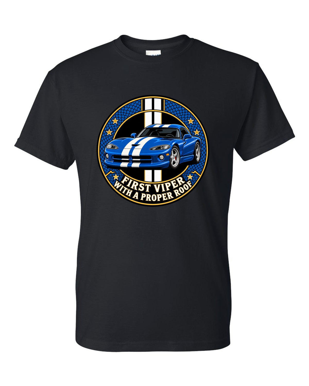 Original crest design print of a 1996 Dodge Viper GTS SR II with proper roof text black t-shirt front view with the design