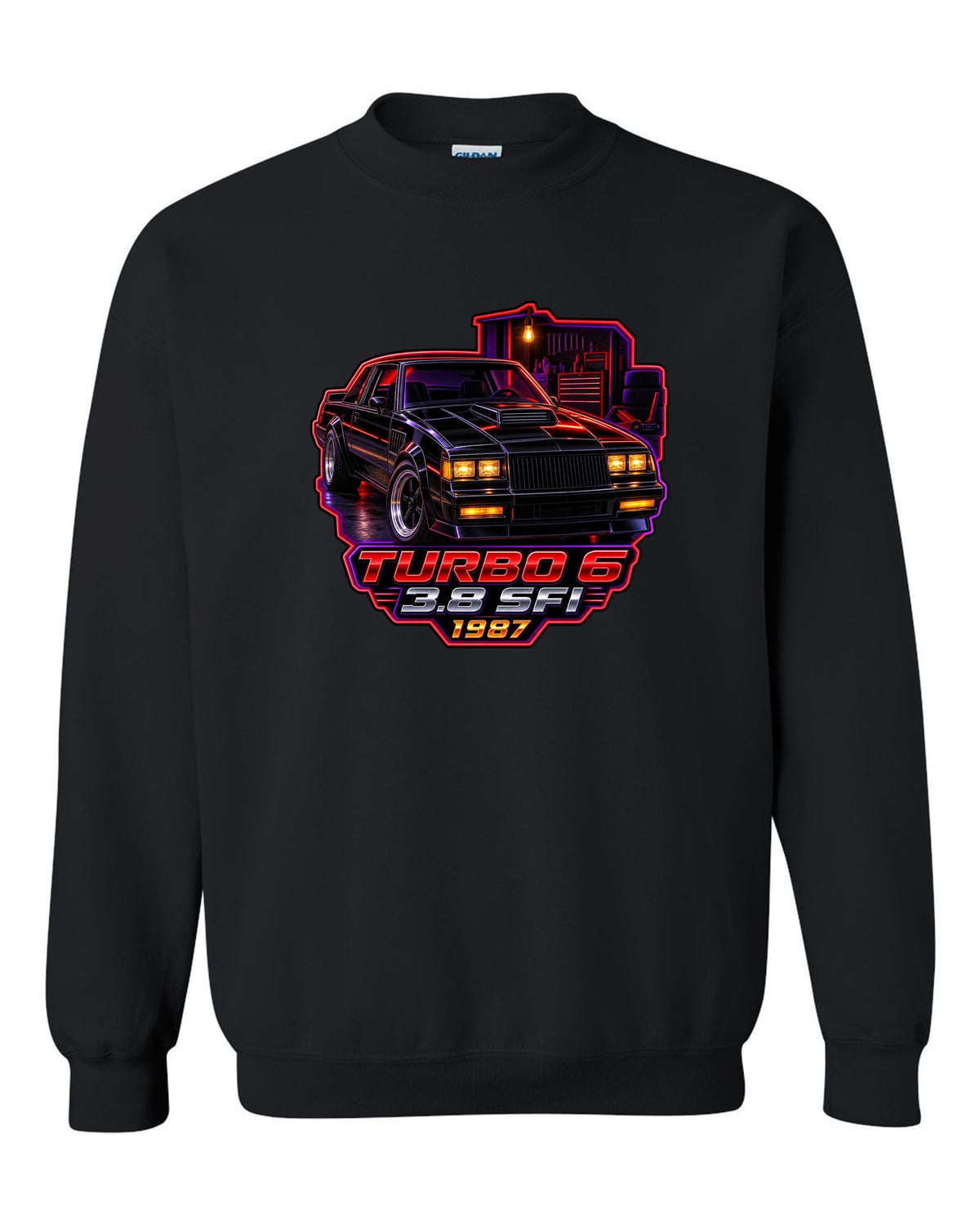 1987 Buick Regal turbo coupe in a neon-lit night garage black crewneck front view with the design