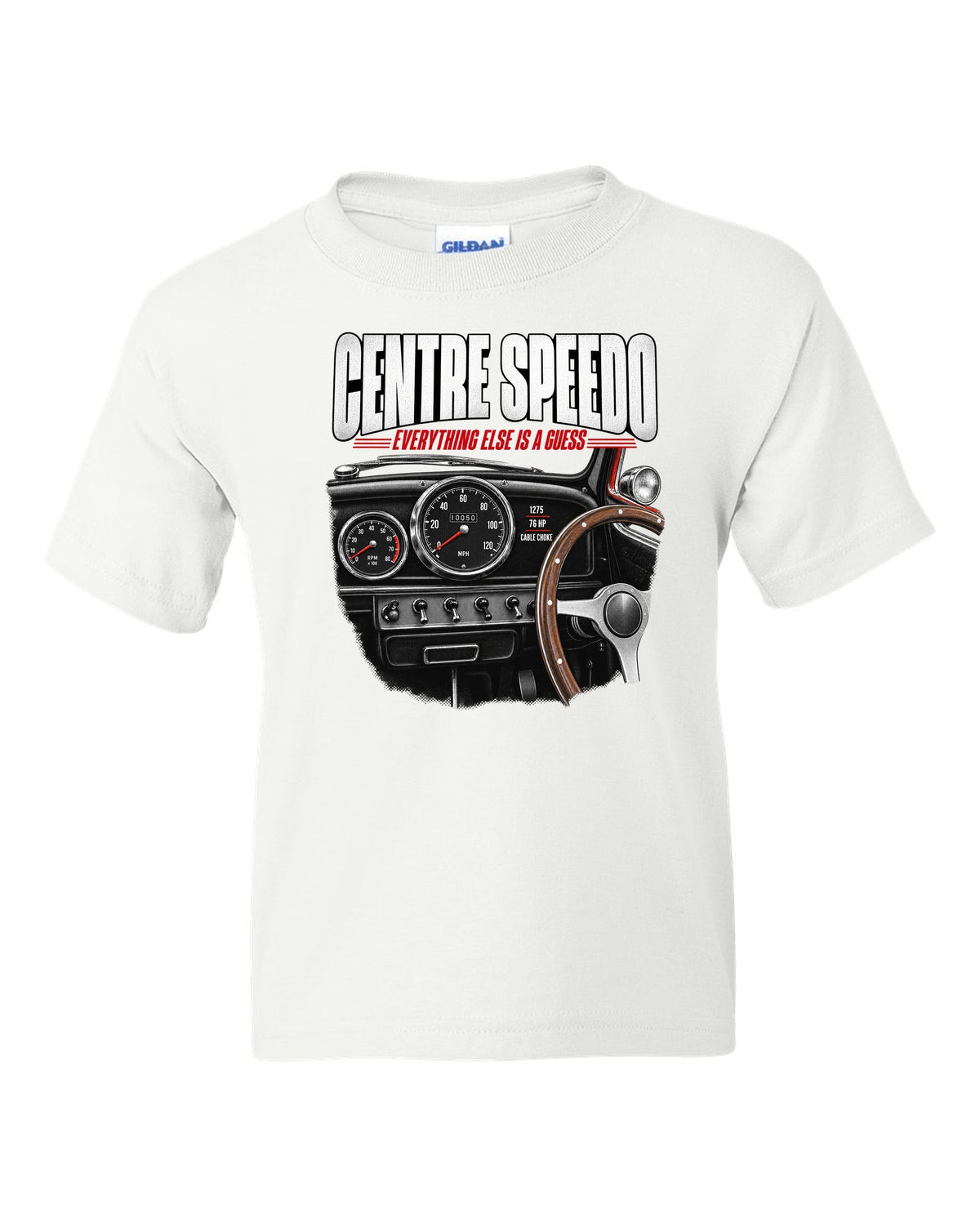 print of the 1967 Classic Mini Cooper S interior with centre speedometer and 1275 spec lettering white kids tee front view with the design