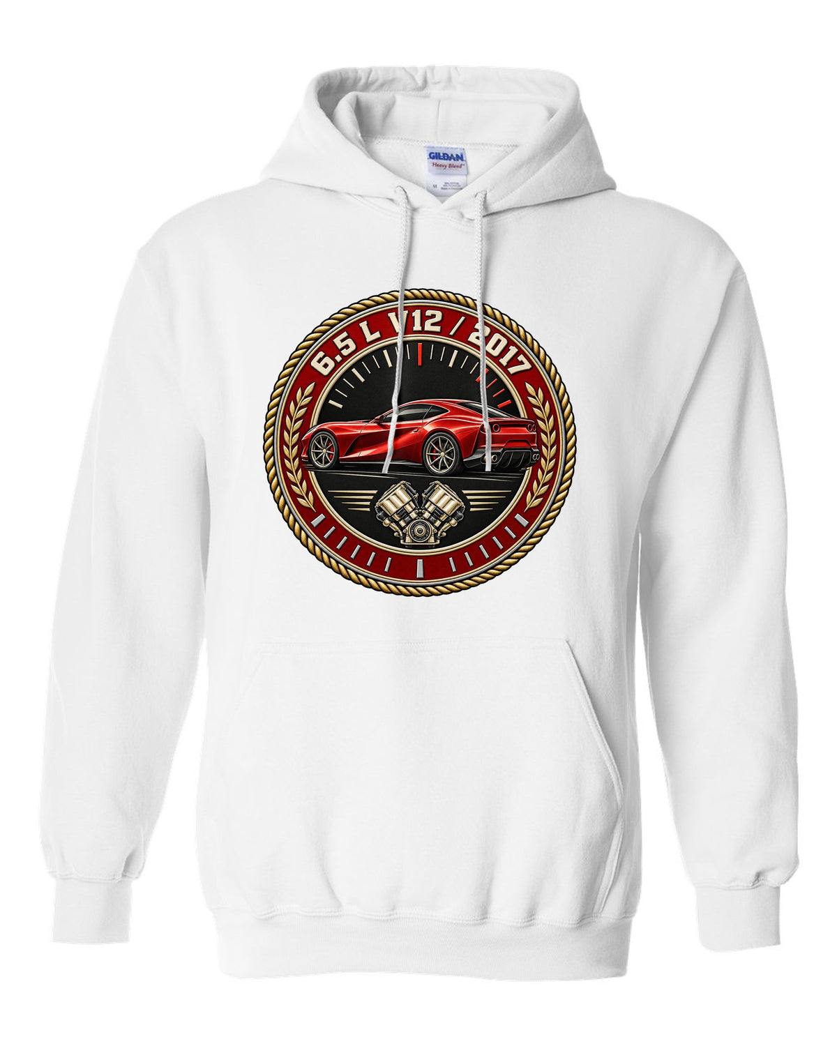 Round roundel print for the Ferrari 812 Superfast with 6.5 L V12 and 2017 lettering white pull over hoodie front view with the design