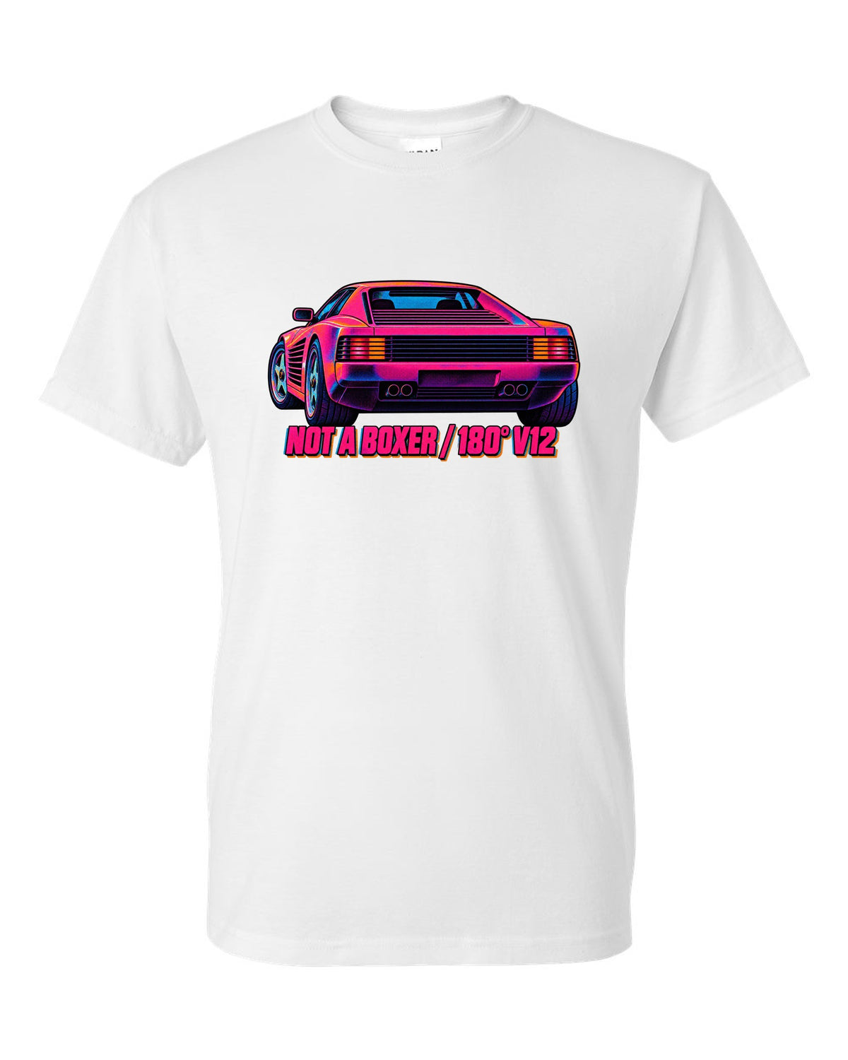 Neon-lit risograph print of the Ferrari Testarossa F110 with the text not a boxer, 180 degree V12 white t-shirt front view with the design
