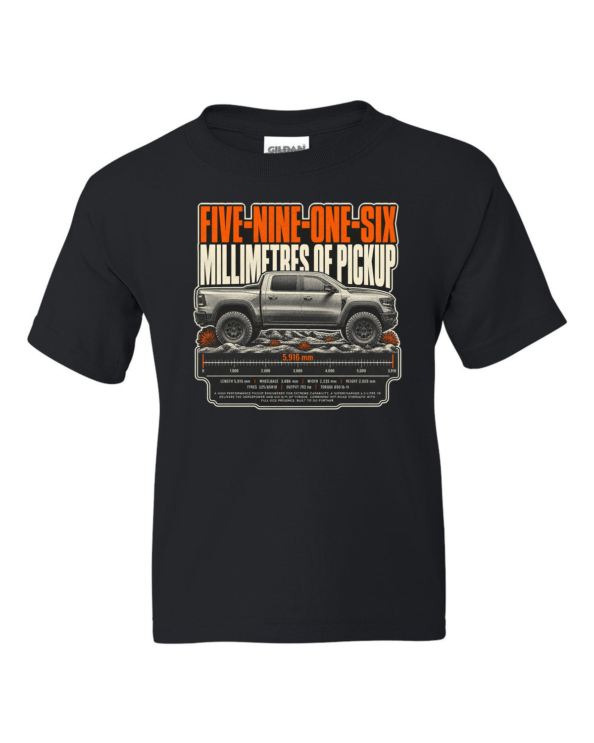 Ram 1500 TRX halftone print with 5916 millimetres text black kids tee front view with the design
