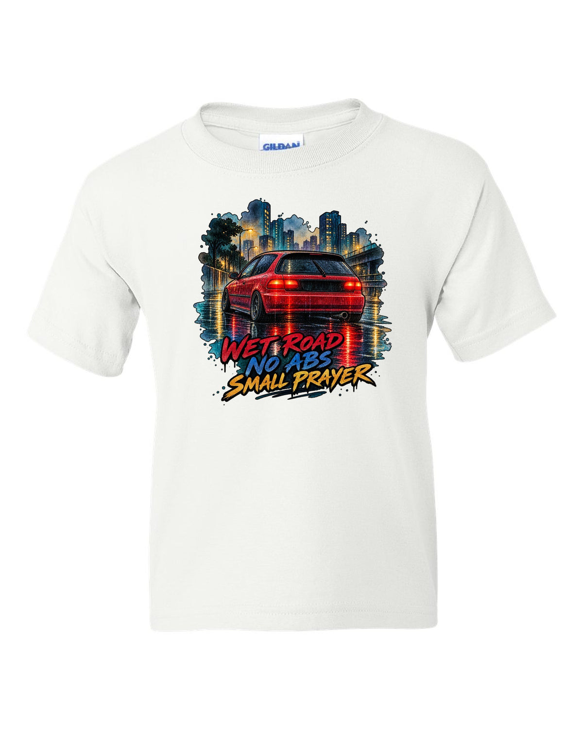 Watercolour wet road print of a Honda Civic EG6 ch with red taillights and no ABS text white kids tee front view with the design