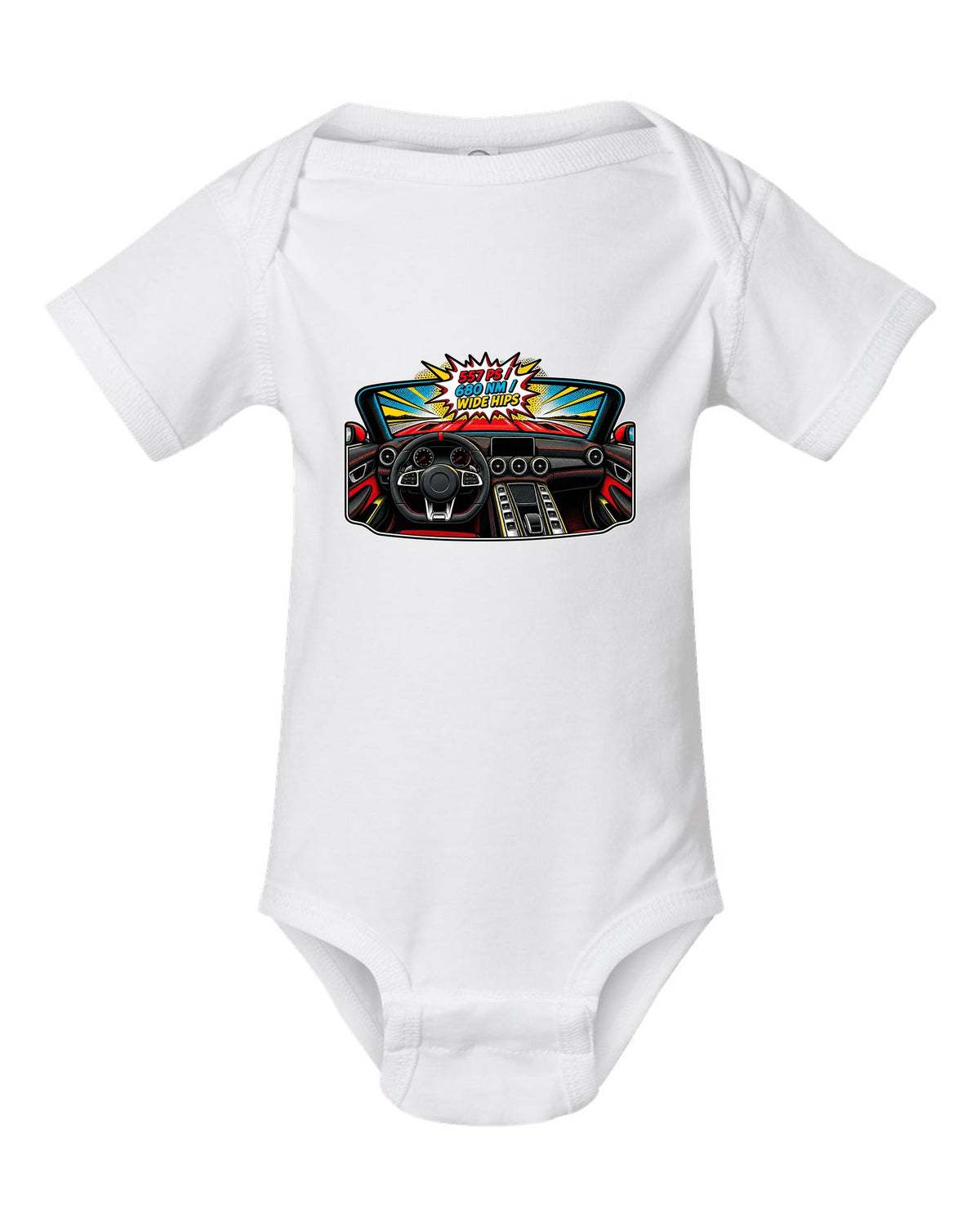 Isometric topographic route map of the Nordschleife with Flugplatz and Schwedenkreuz text for a Mercedes AMG GT C190 white baby onesie front view with the design