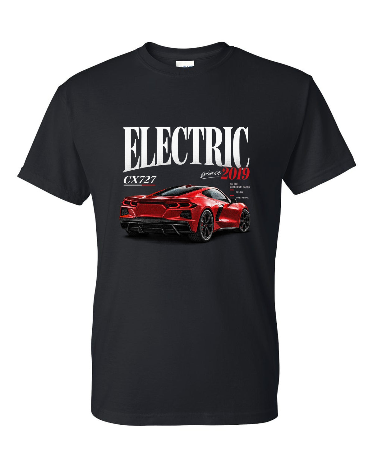 Ford Mustang Mach-E CX727 editorial headline print reading Electric Since 2019 black t-shirt front view with the design