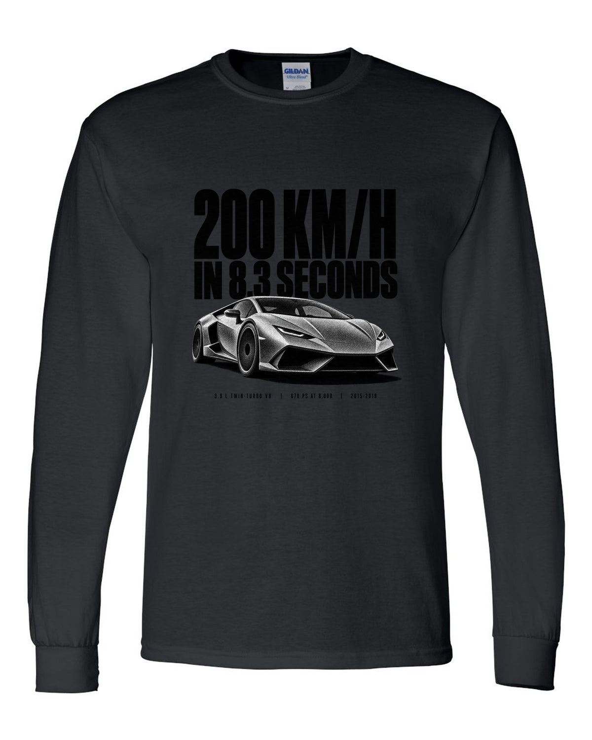 Halftone print of a Ferrari 488 GTB front three-quarter with the text 200 km/h in 8.3 seconds black long sleeve front view with the design