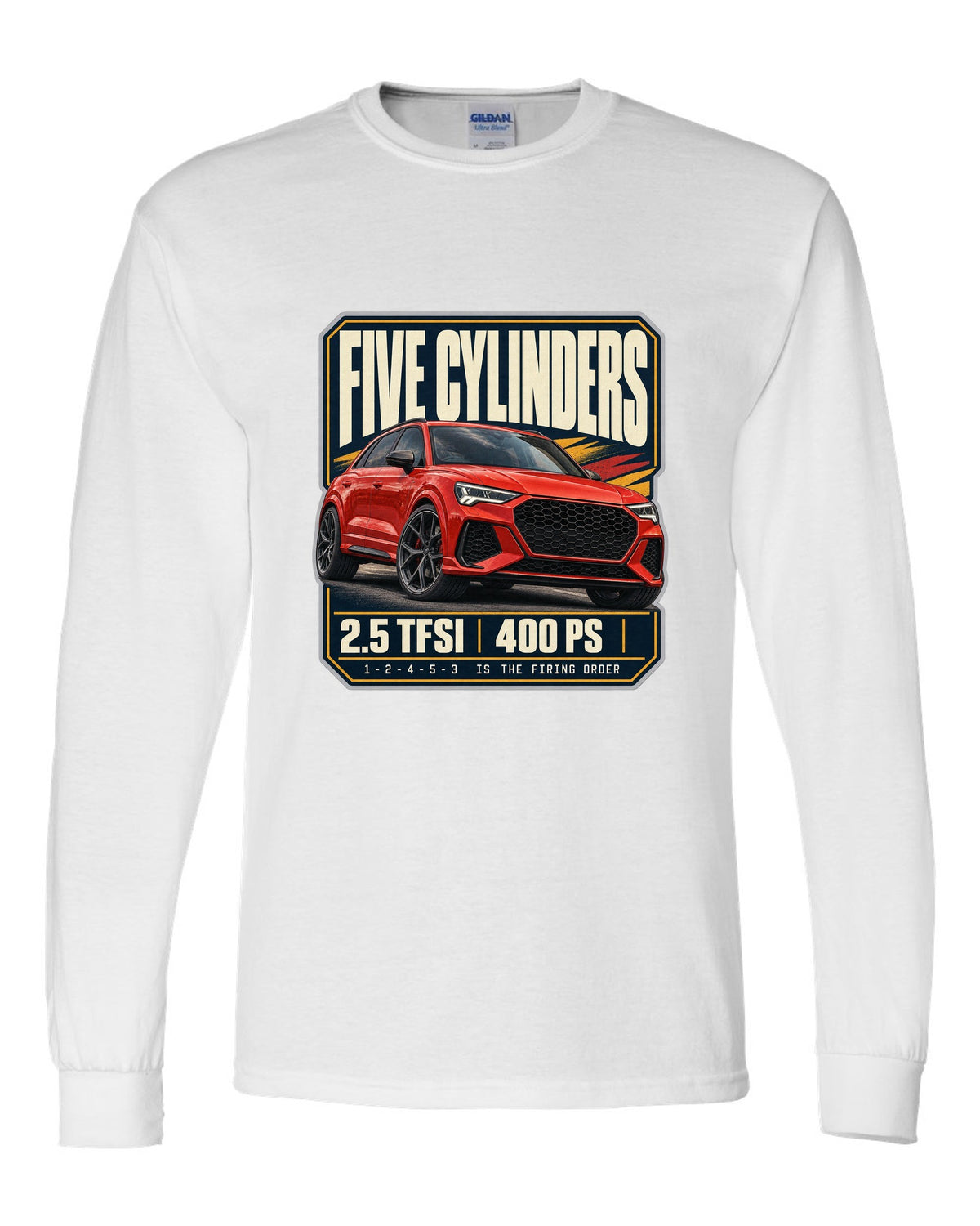 Audi RS Q3 F3 editorial headline print with five-cylinder text white long sleeve front view with the design