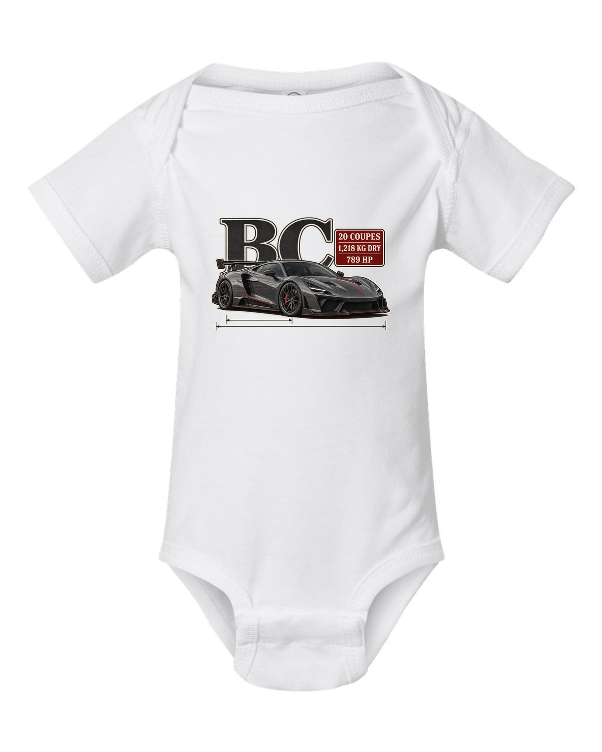 Archive panel print of the Pagani Huayra BC with the text BC, 20 coupes, 1,218 kg dry, 789 hp white baby onesie front view with the design