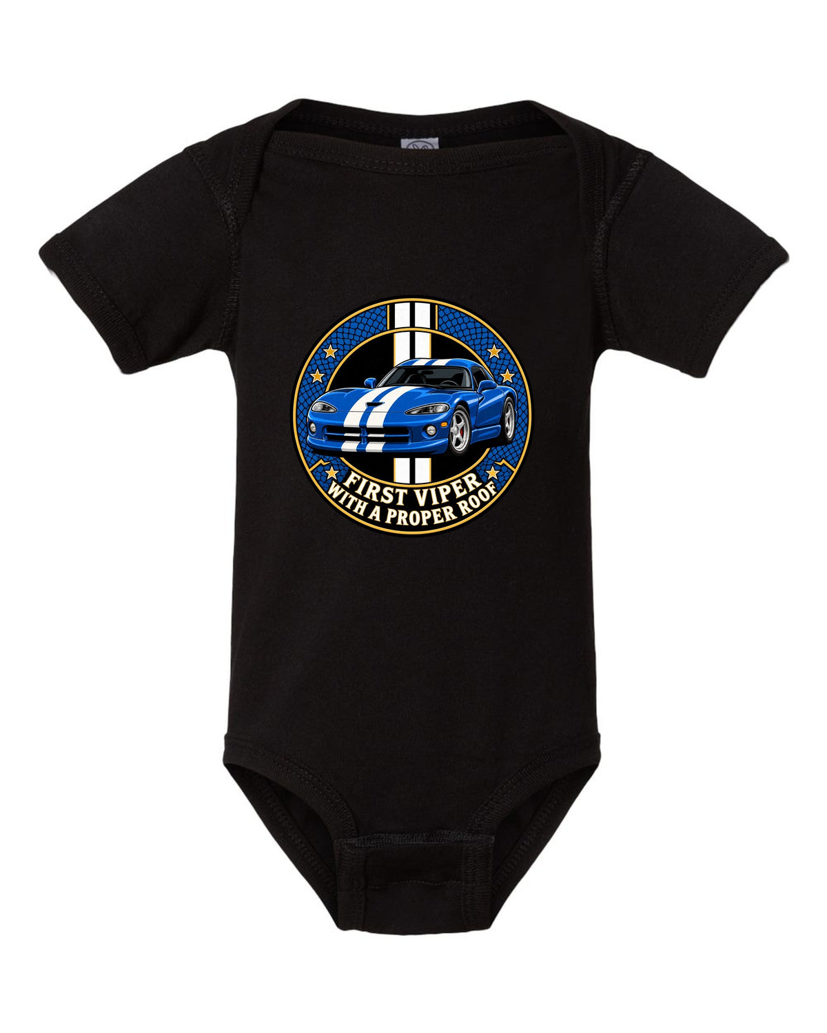 Original crest design print of a 1996 Dodge Viper GTS SR II with proper roof text black baby onesie front view with the design