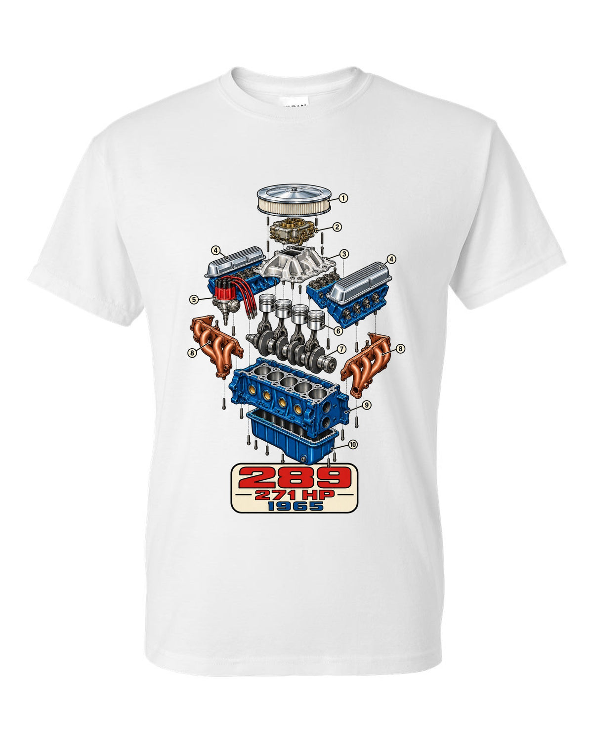 Cutaway exploded engine view print of a 1965 Ford Mustang 289 V8 white t-shirt front view with the design