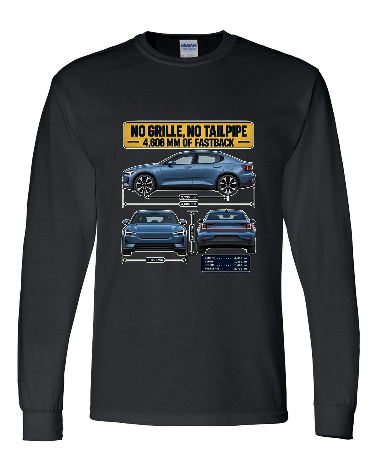 Three-view spec table print of a Polestar 2 fastback 2020-2023 black long sleeve front view with the design