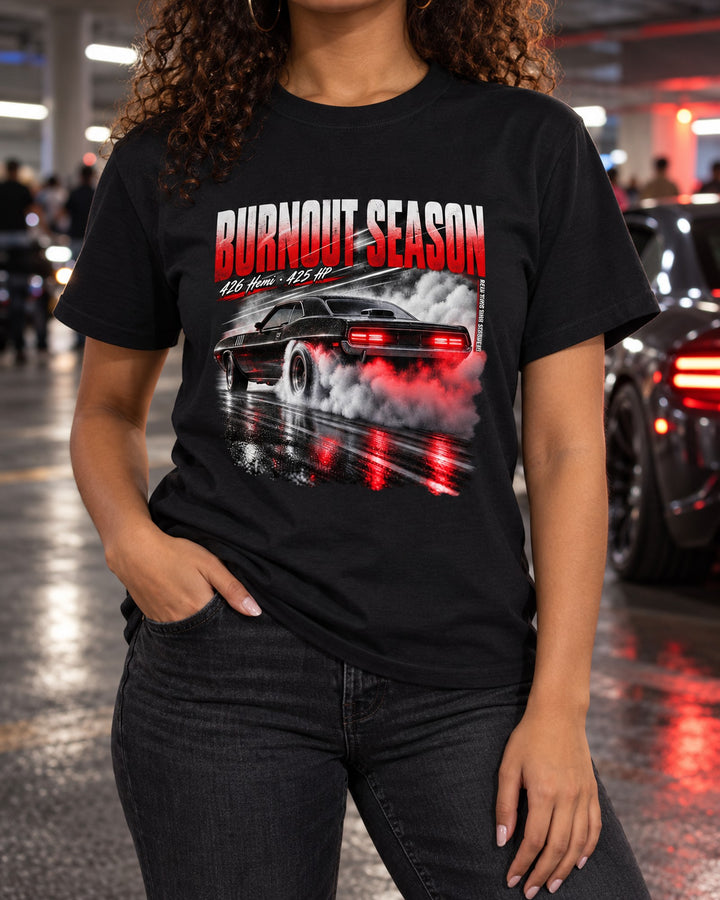 1971 Plymouth Hemi Cuda E-body Burnout Season Night Tee T-Shirt Black worn hero