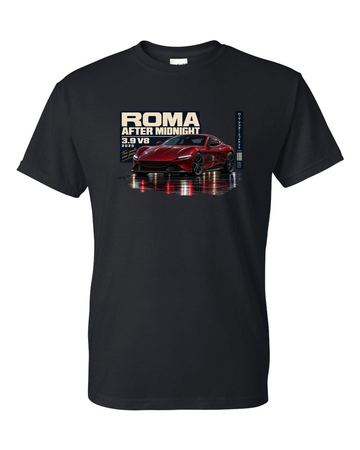 Night street print of the Ferrari Roma with after midnight text black t-shirt front view with the design