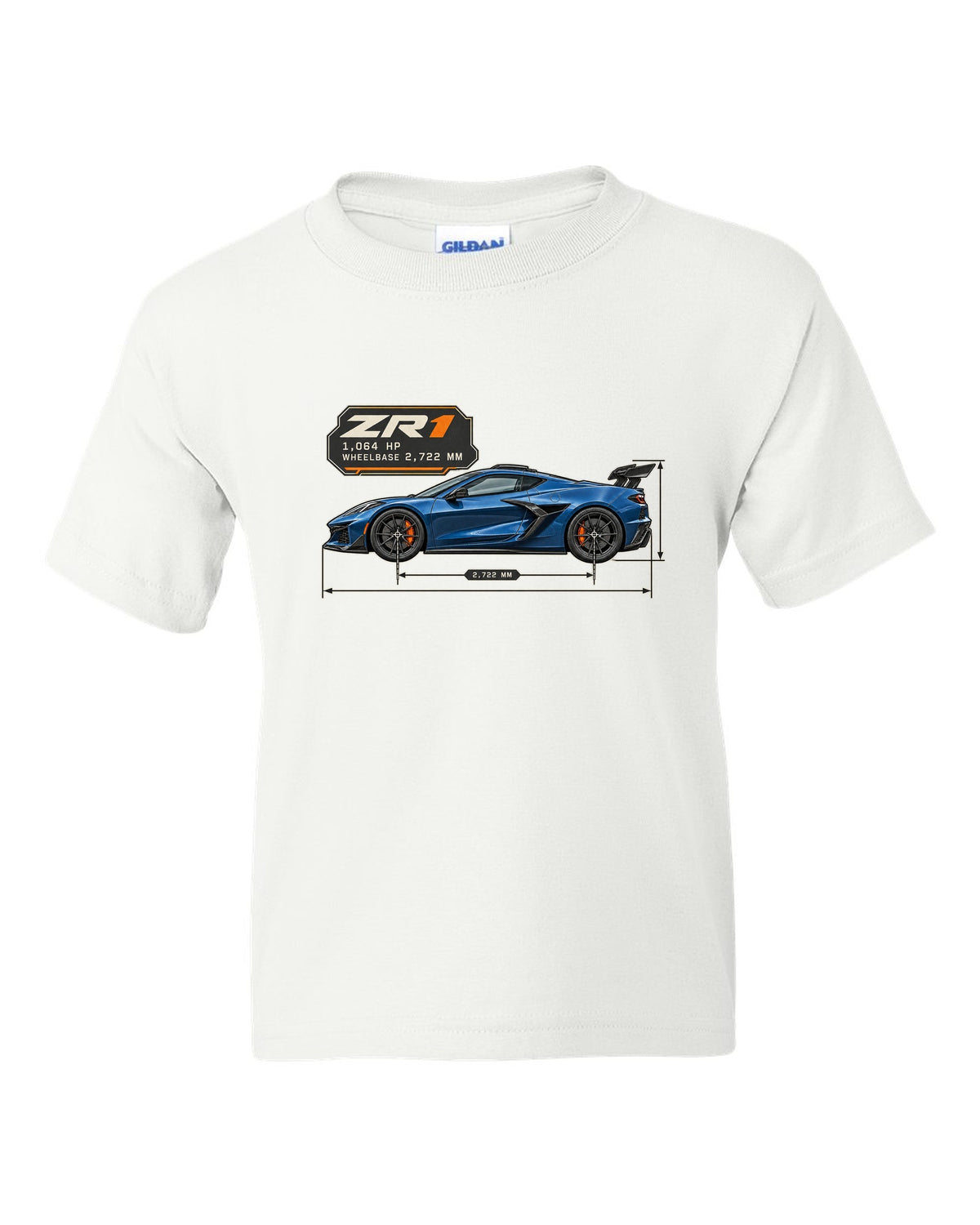 print of a Chevrolet Corvette C8 ZR1 2025 dimension blueprint with 1,064 HP and wheelbase text white kids tee front view with the design