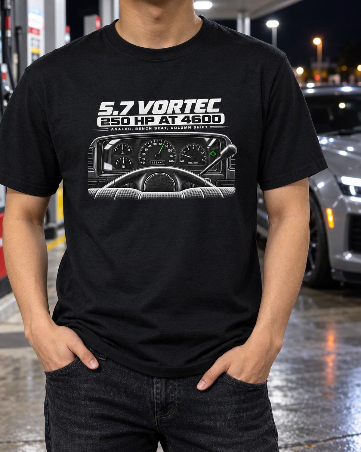 OBS Chevy C1500 Cockpit Gauge Tee, 5.7 Vortec Bench Seat T-Shirt Black worn hero